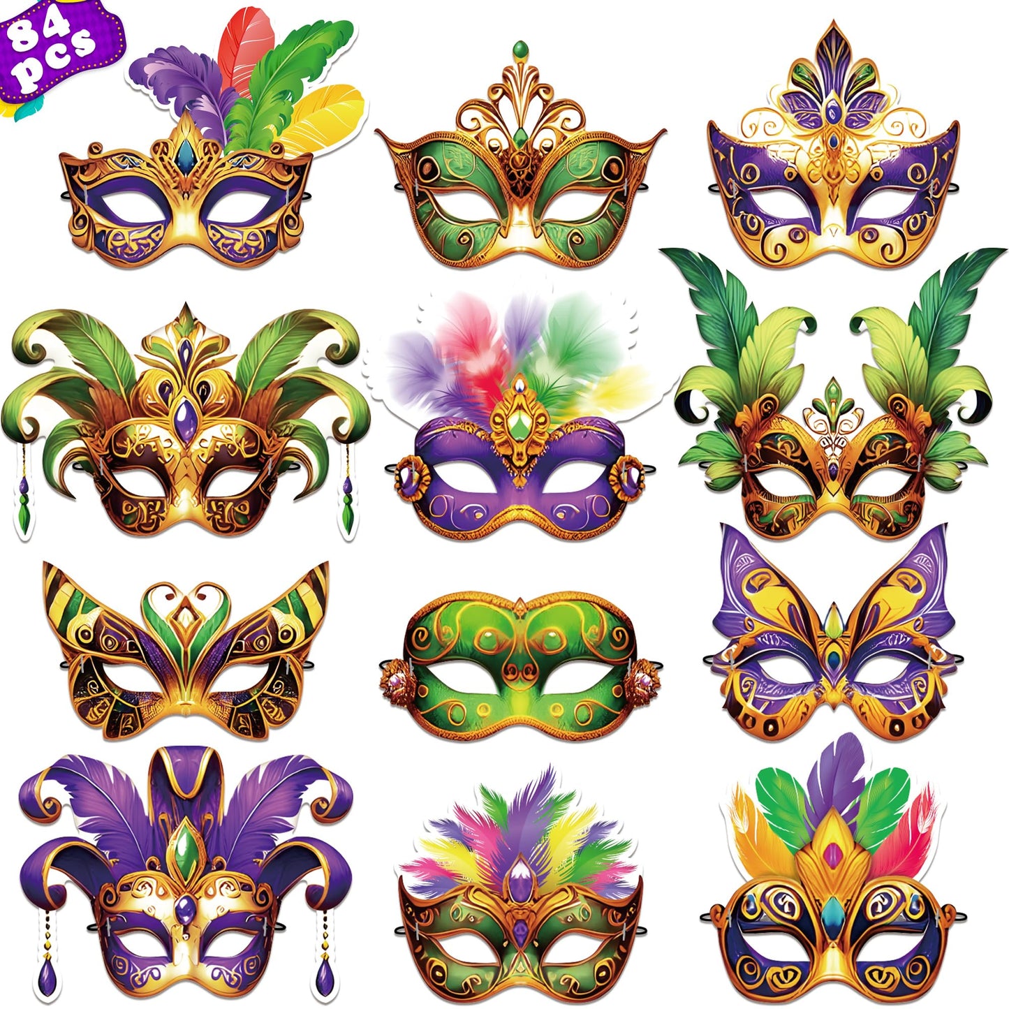 80UncleKimby 84PCS Mardi Gras Masks Bulk Set – Party Decor & Carnival Favors (Paper)