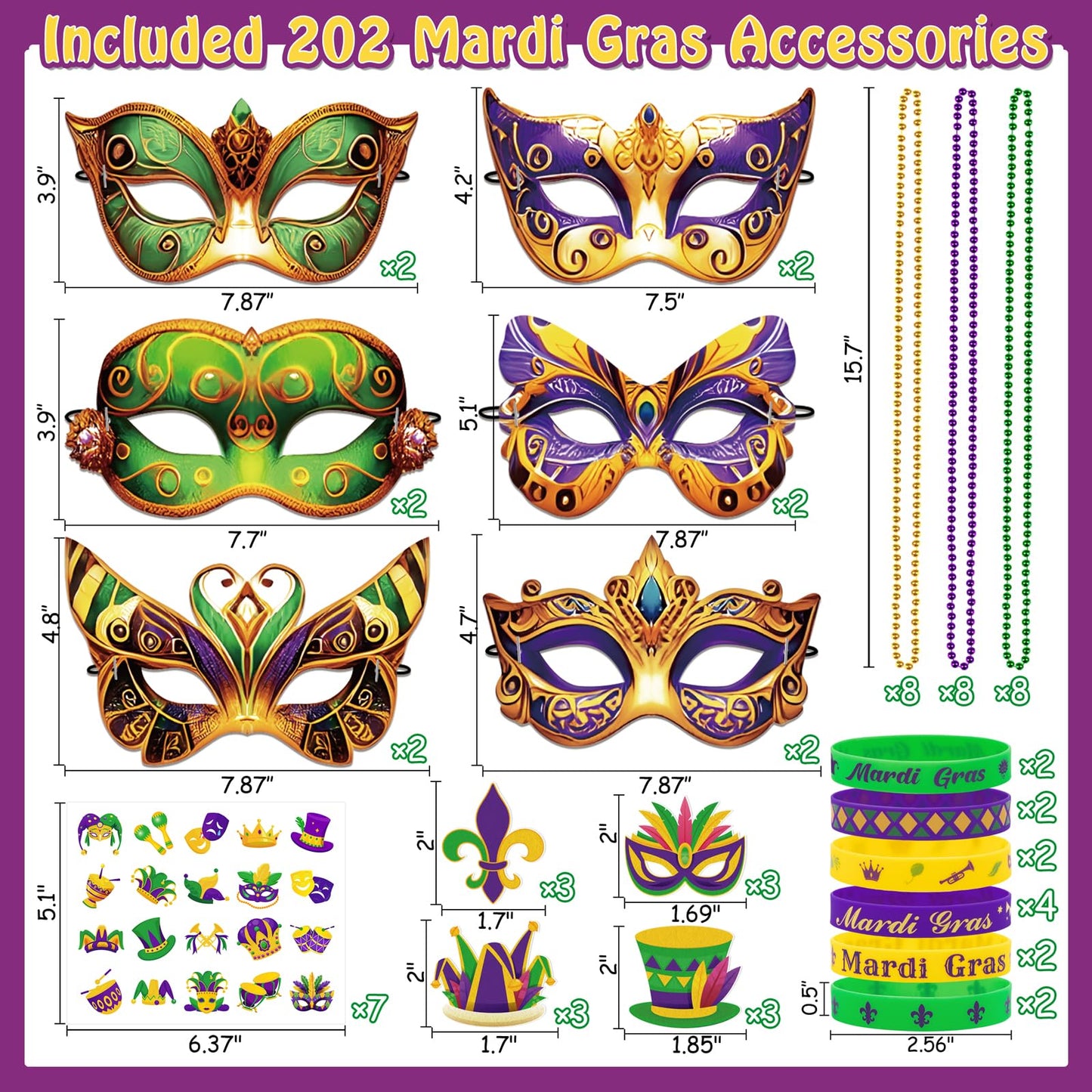 80UncleKimby 202-Piece Mardi Gras Decorations Set – Beads, Masks, Tattoos & Parade Favors