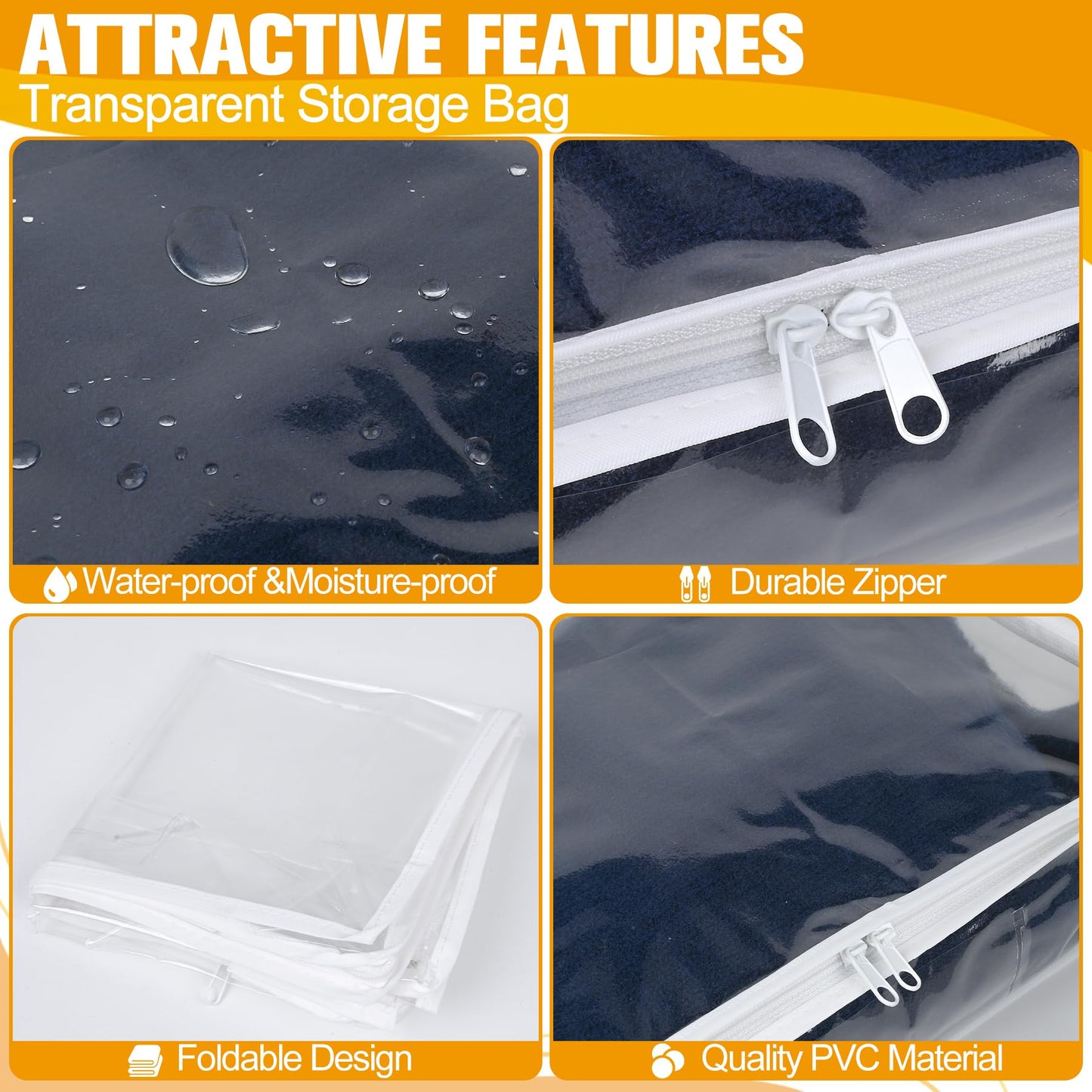 Plastic Storage Bags with Easy-Glide Zipper, Pack of 8, Durable Clear Vinyl Zippered Storage Bags for Clothes Sweaters Comforters Blankets Sheets