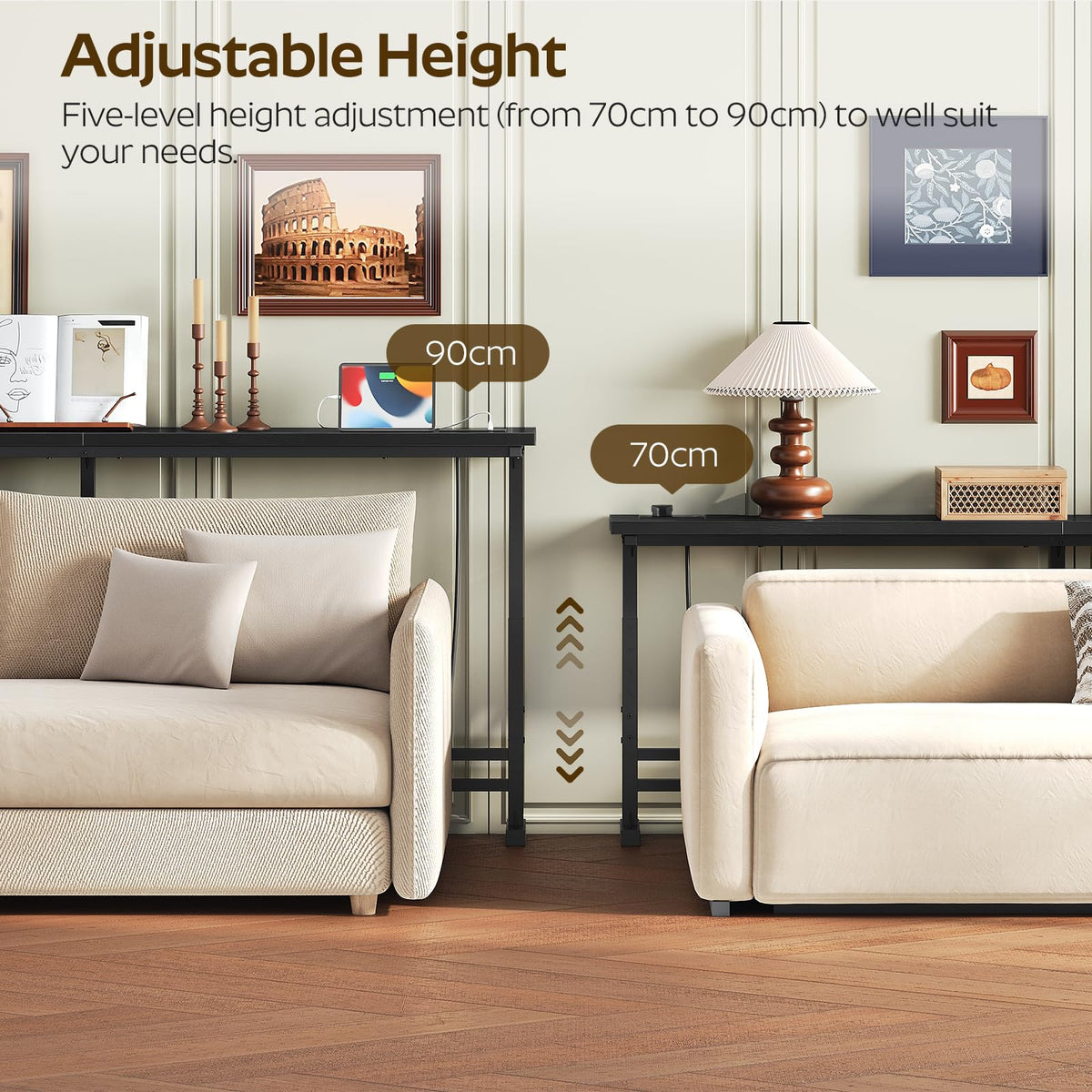 YATINEY 15 cm Slim Console Table, Height-Adjustable Behind Sofa Table, 180 cm Hallway Table, Narrow Long Sofa Table with Power Outlet