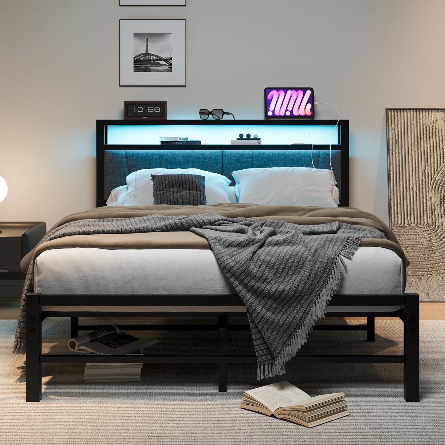 BORPHOM Double Bed Frame with Storage and LED Lights,4ft6 Metal Platform Bed Frame Double Size Bed Base with Charging Station,Mattress Base,Strong