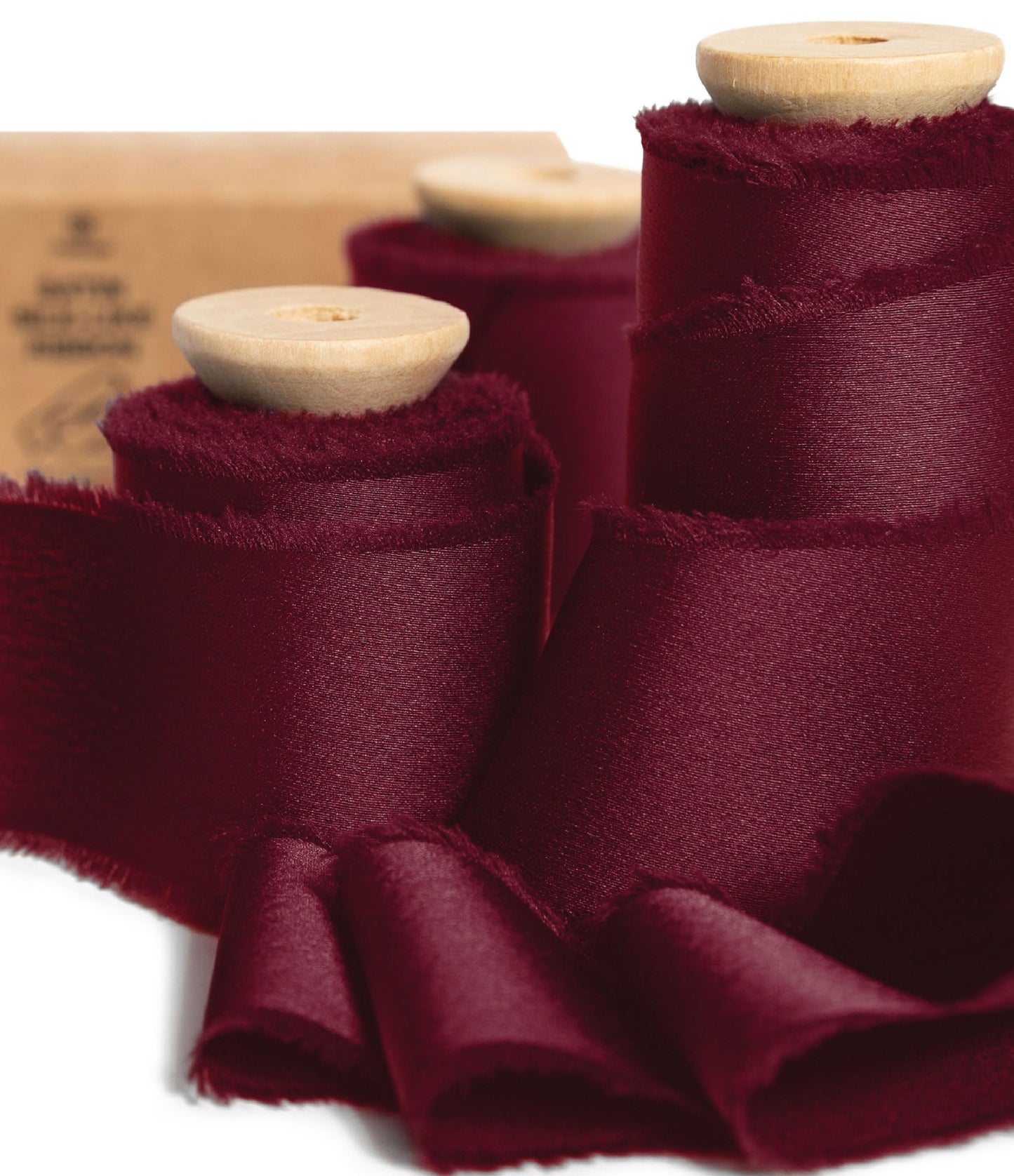 Vitalizart Burgundy Silky Satin Ribbon, 1.5'' x 15 Yard with Wooden Spool, Handmade Fringe Ivory Ribbons for Gift Wrapping, Festive Decoration, DIY