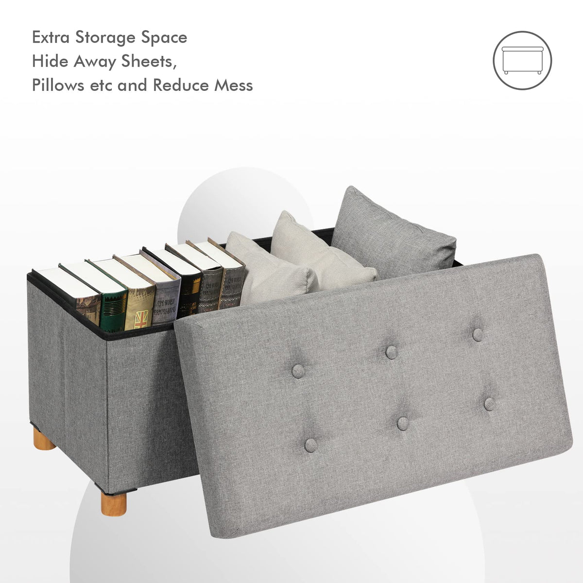 Bonlife Footstool for Living Room,Grey Ottoman Storage Box with Tray,Folding Ottoman Coffee Table with Storag,76x38x38cm