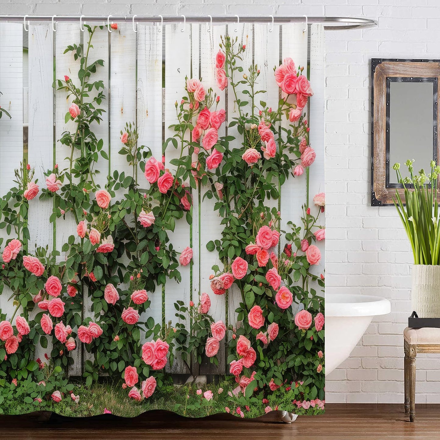 GOOESING Roses Flower on Wooden Shower Curtain Flowers and Leaves Rustic Shower Curtain Bathroom Curtain with Hooks Bathroom Decor Washable Durable
