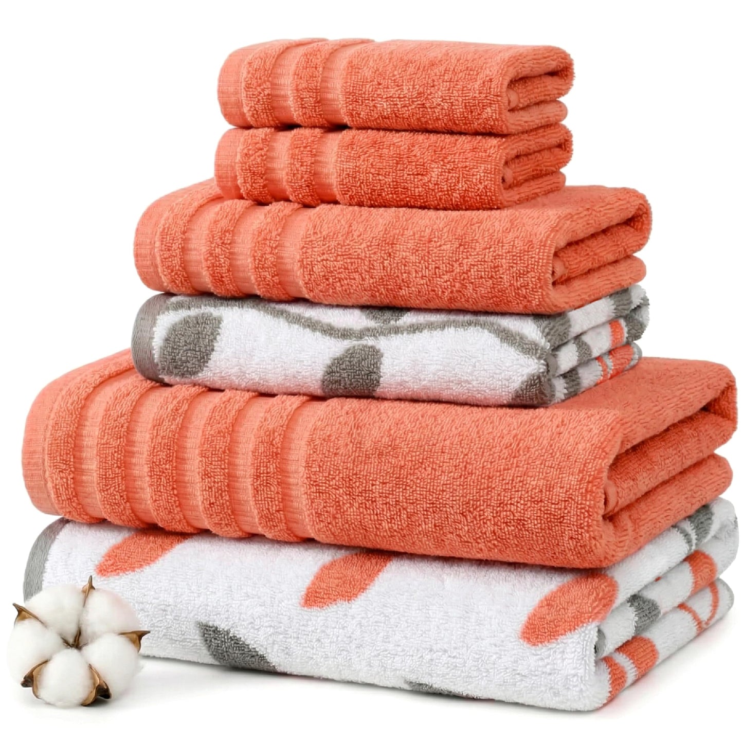 Amrapur Pacific Coast Textiles 6 Pc Yarn Dyed Towel Organic Vines Coral, 6-Piece