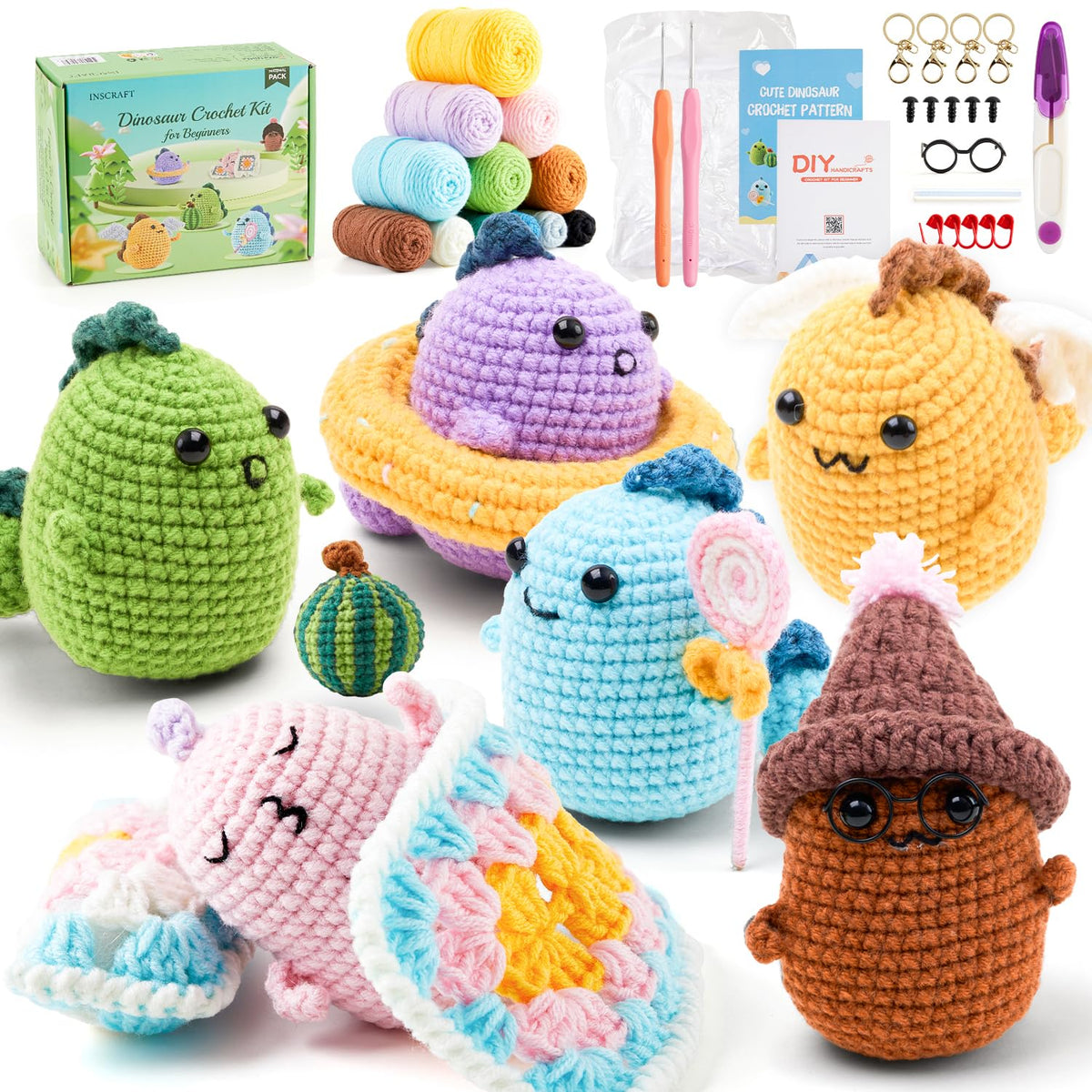 Inscraft Crochet Yarns Kit for Beginners, 6 Pack Dinosaurs Acrylic Yarns Set for Crocheting, Starter Kit with Step-by-Step Video, Crochet Kits for