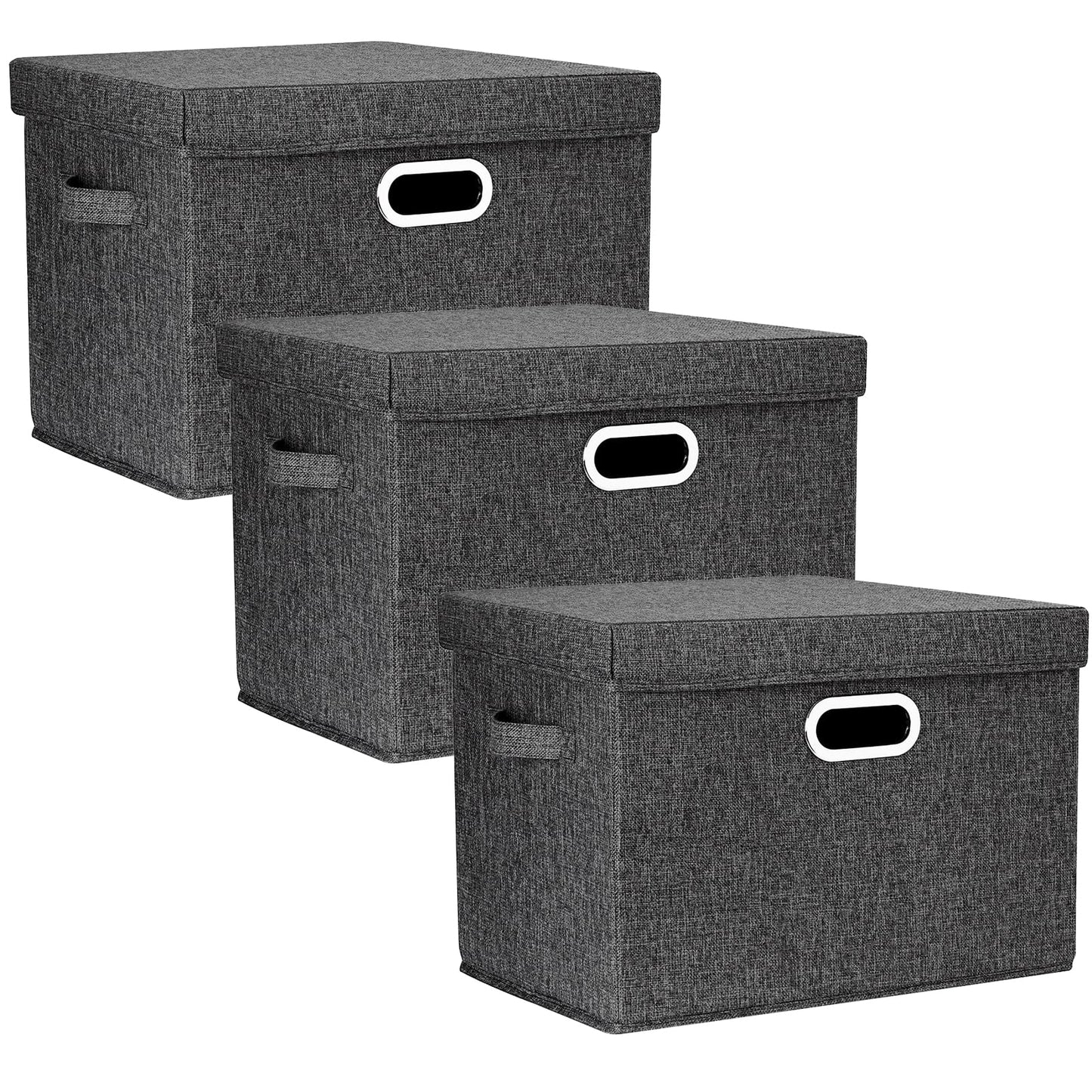 TYEERS Large Storage Box with Lid, Collapsible, Washable, Fabric Storage Box for Clothes, Wardrobe Storage, 44x30x29 cm, Set of 3, Black