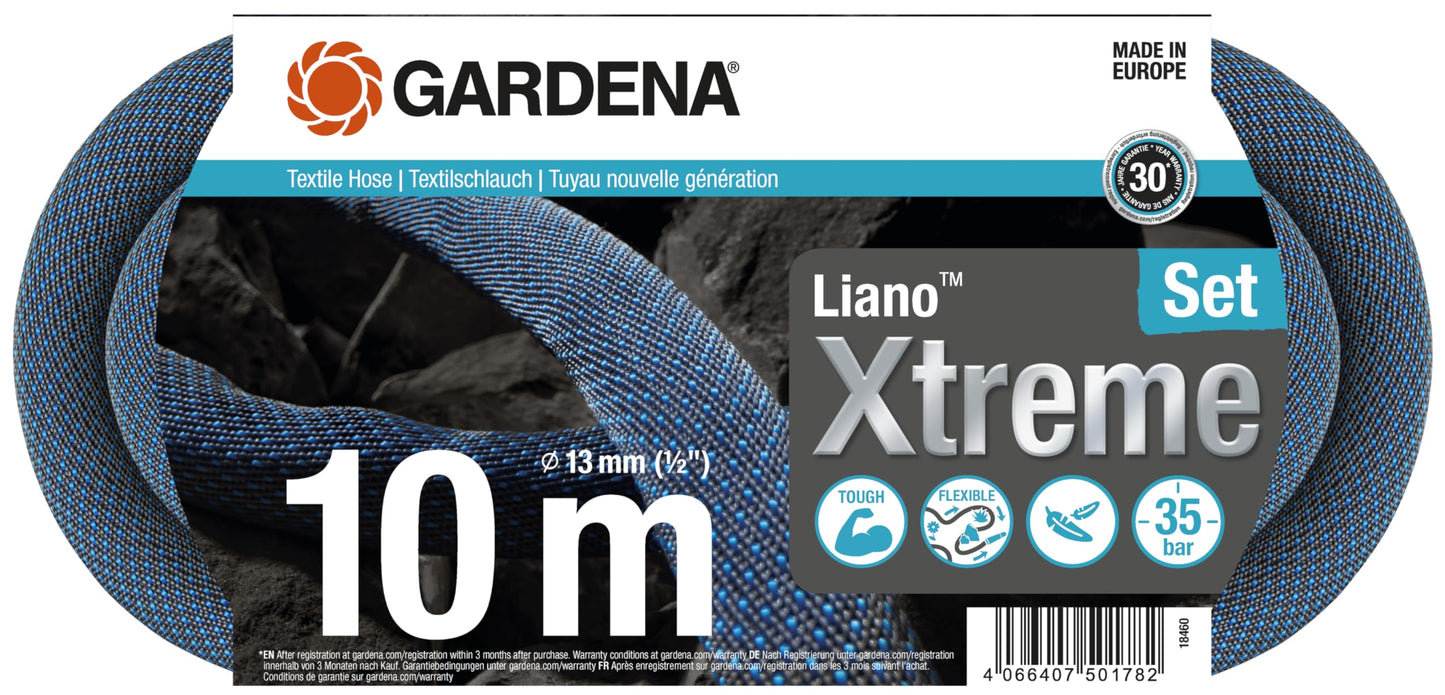 Gardena Liano Xtreme 1/2 inch, 10m set: Extremely robust textile garden hose, for indoor water taps, with PVC inner tube, lightweight,