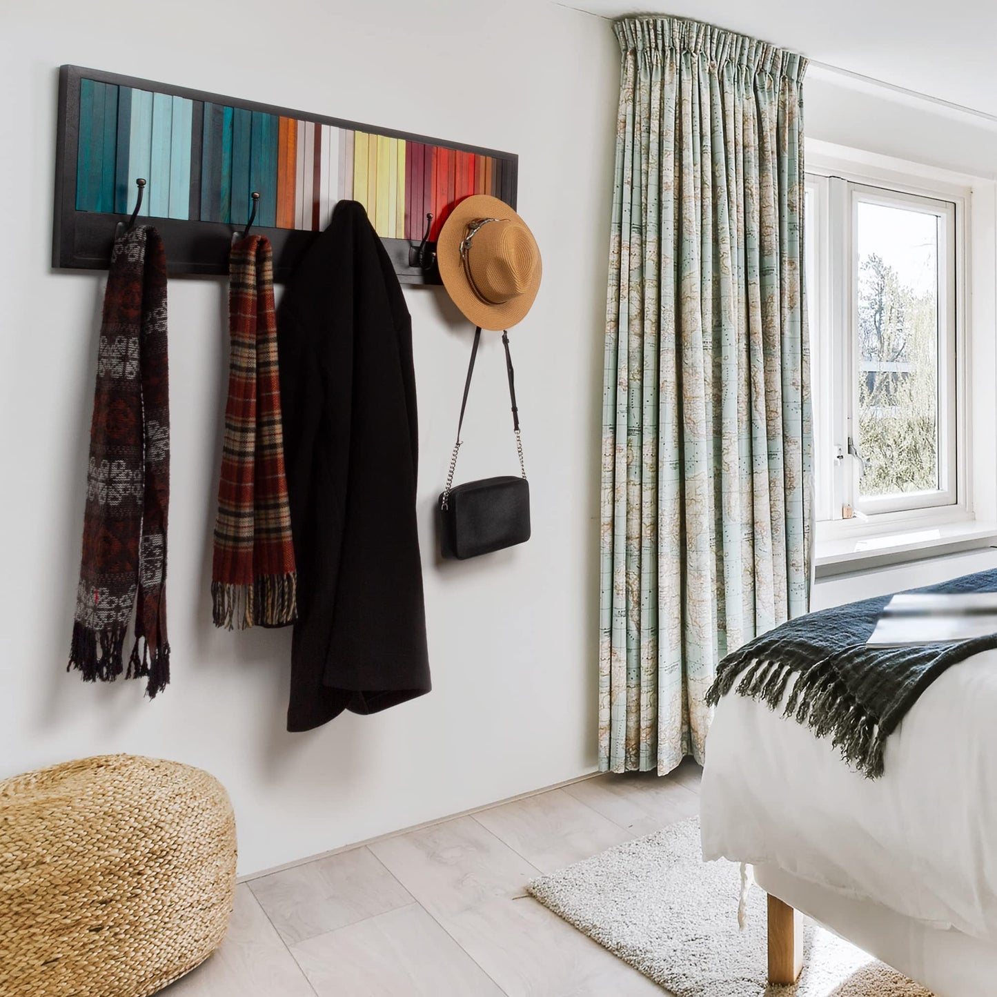 Deco Fluent - Coat Hooks Wall Mounted - Solid Handmade Natural Acacia Wood, Coat Rack with 5 Hooks, Solid Wood Coat Rack for Entrance Hall. 100x35cm