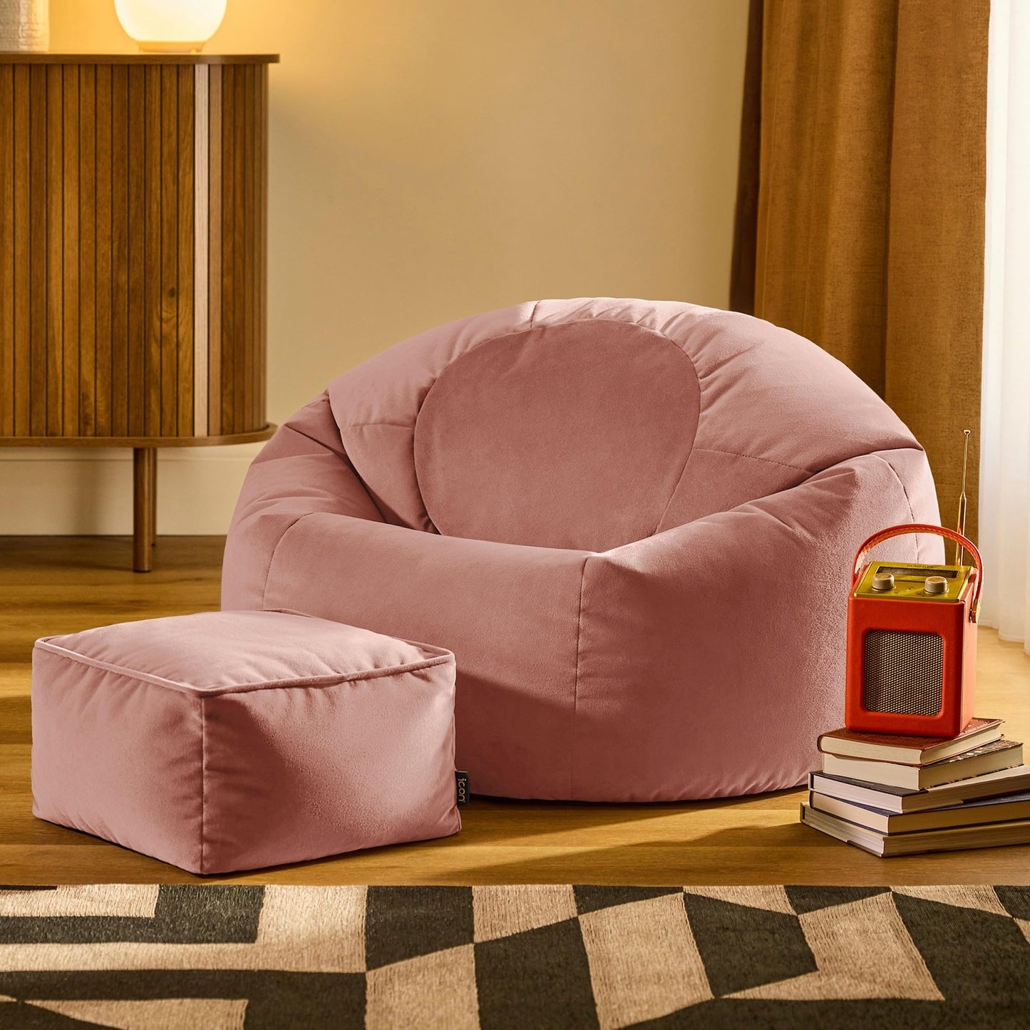 icon Kingston Velvet Bean Bag & Footstool with Filling Included, Pink