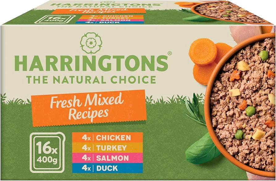 Harringtons Complete Wet Tray 16x400g best before 8/26 scruffy box