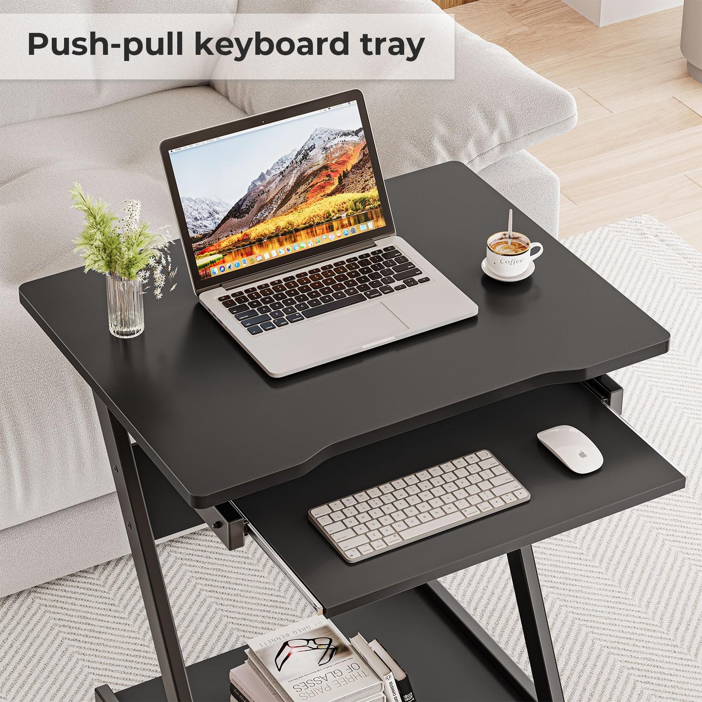 Dripex Mobile Computer Desk Z-Shaped with Sliding Keyboard Wood PC Table Laptop Desk Furniture Study Workstation for Home Office, Black