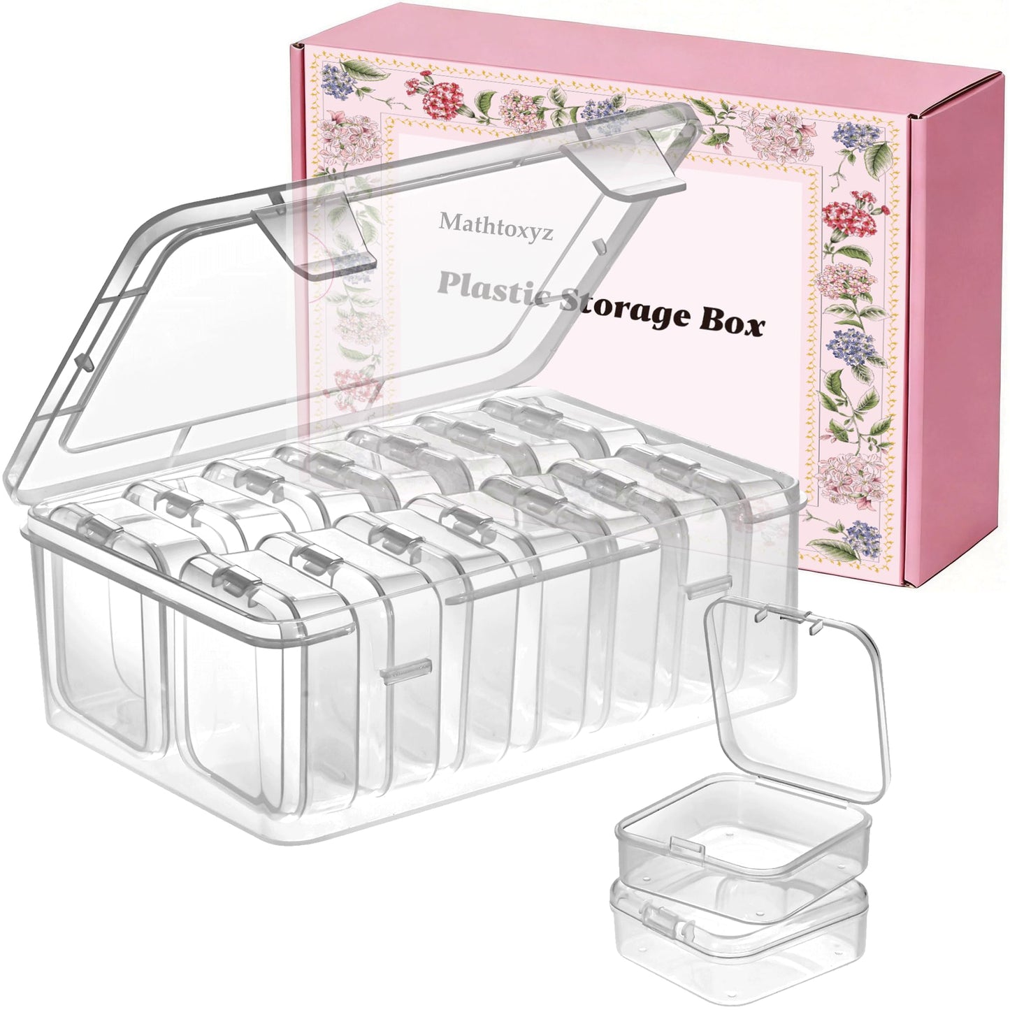 Mathtoxyz Bead Organiser Storage Box, 15 Pcs Small Plastic Storage Boxes Clear Clay Beads Storage Containers Case with Hinged Lid and Rectangle for