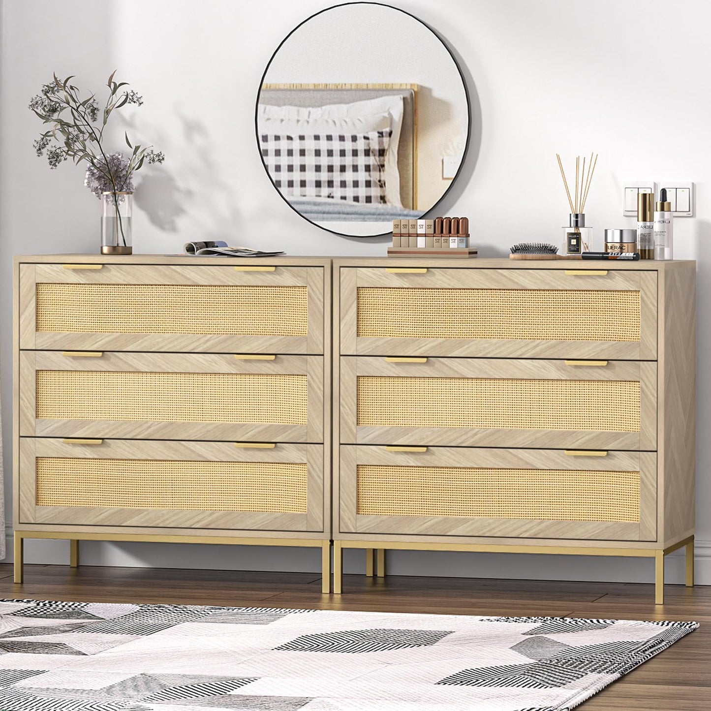 Skokliz Rattan Chest of Drawers with 3 Drawers, Storage Organizer for Bedroom, Wide Dresser Chest of Drawers, Modern Wooden Storage Unit for Hallway
