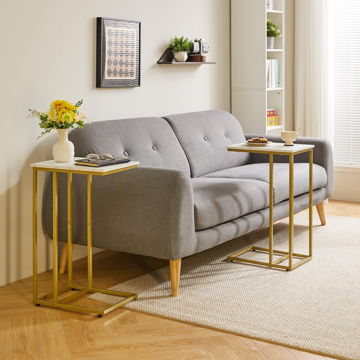 Aibiju Set of 2 C-Shaped Side Table, End Table, Sofa Side Table with Non-Slip Foot Pads for Bedroom, Living Room, Office, White Faux Marble and Gold