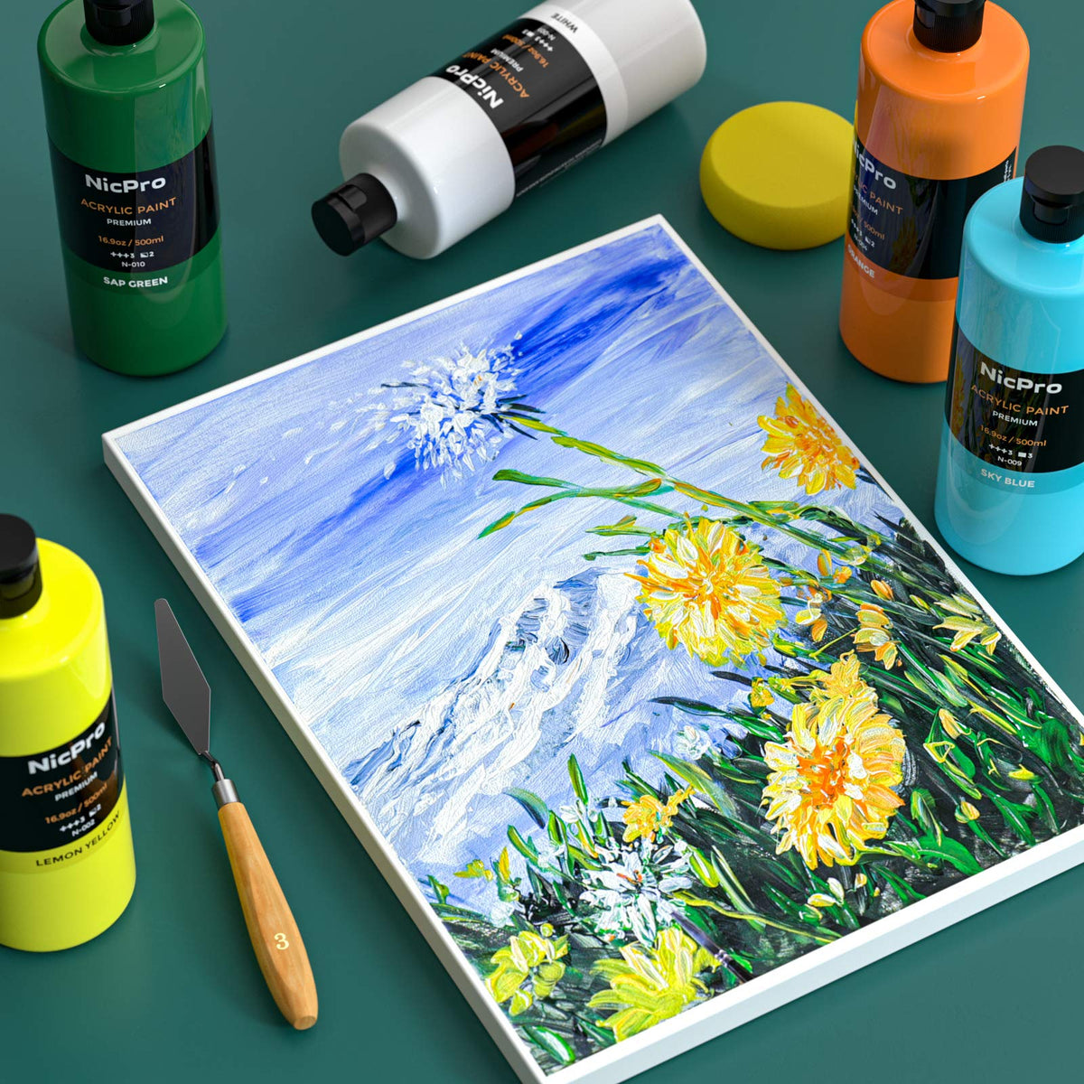 Nicpro 14 Colors Large Bulk Acrylic Paint Set (16.9 oz,500 ml) Rich Art Painting Supplies, Non Toxic for Multi Surface Canvas Wood Leather Fabric