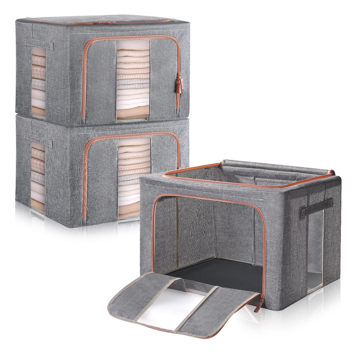 Steel Frame Storage Box, 66L Clothes Storage Bag with Double Opening Zipper,Thick Cotton Linen Protect from Moisture Dust,Perfect for Clothing Toys