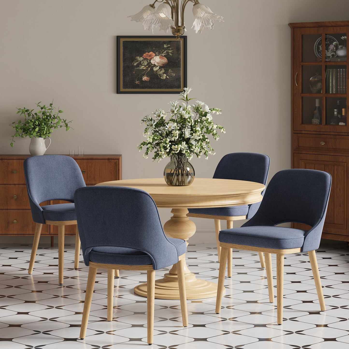 Dining Chairs Set of 4, Upholstered Dining Room Chairs with Chenille Fabric, Ergonomic Backrest, High Density Cushion & Rubber Wood Frame