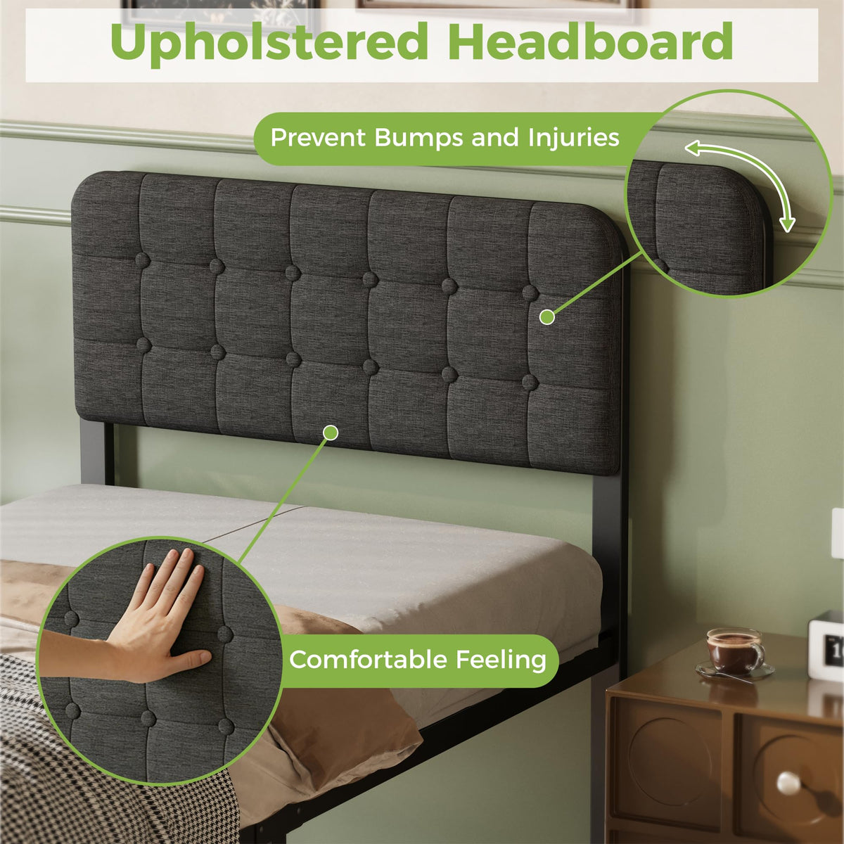 Lutown-Teen 2ft 6 Small Single Bed Frame with Black Upholstered Headboard