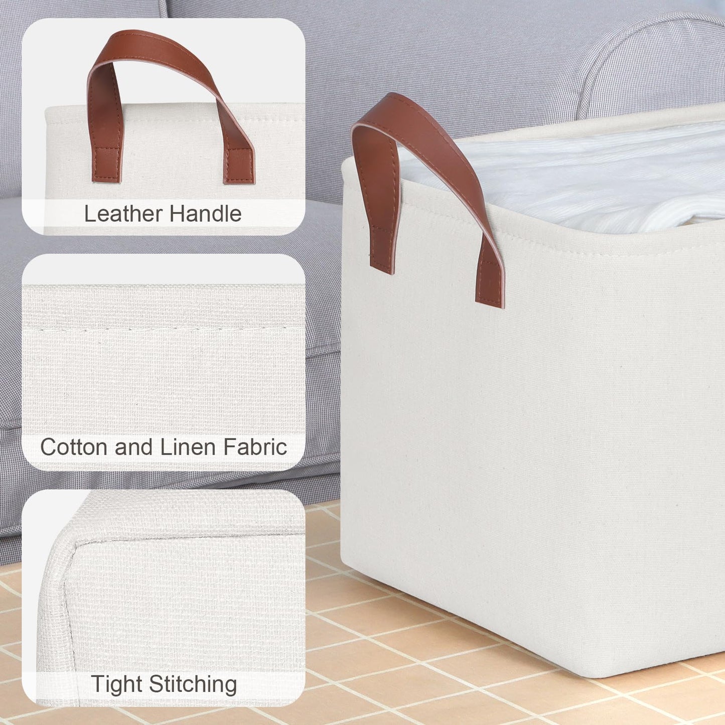 Syeeiex Storage Baskets for Shelves 4 Pack, Fabric Storage Boxes with Leather Long Handles, Foldable Storage Basket for Toys, Clothes