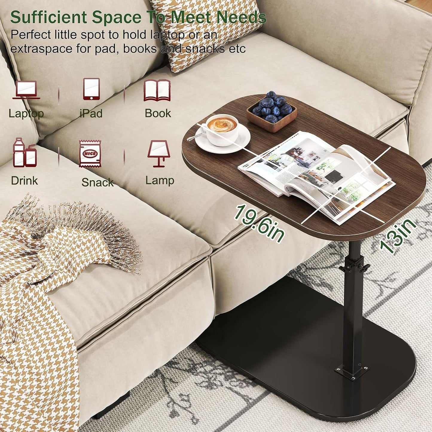 XUDREZ Large Adjustable C Shaped Side Table, Black