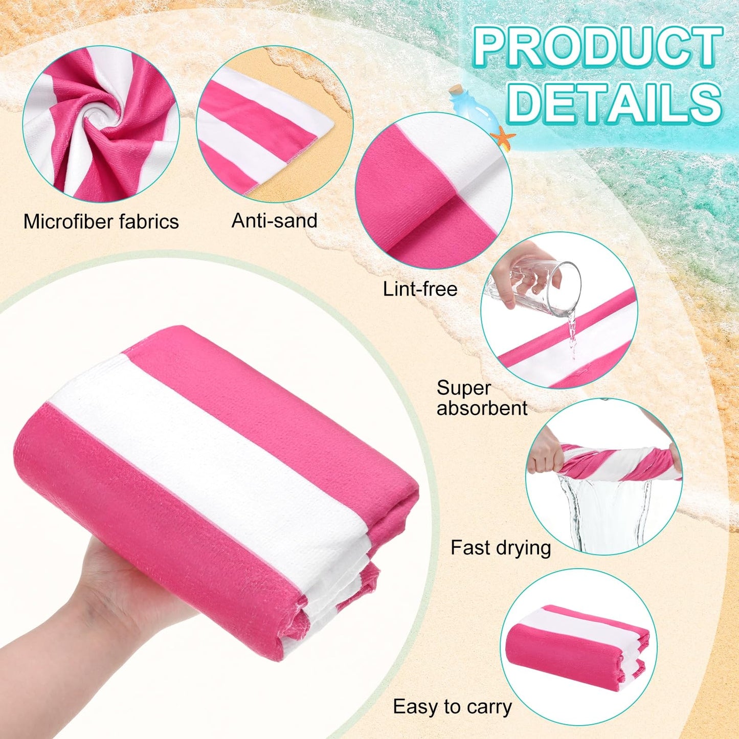M METERXITY 4-Pack Large Stripe Beach Towels 30x60in Rose Red
