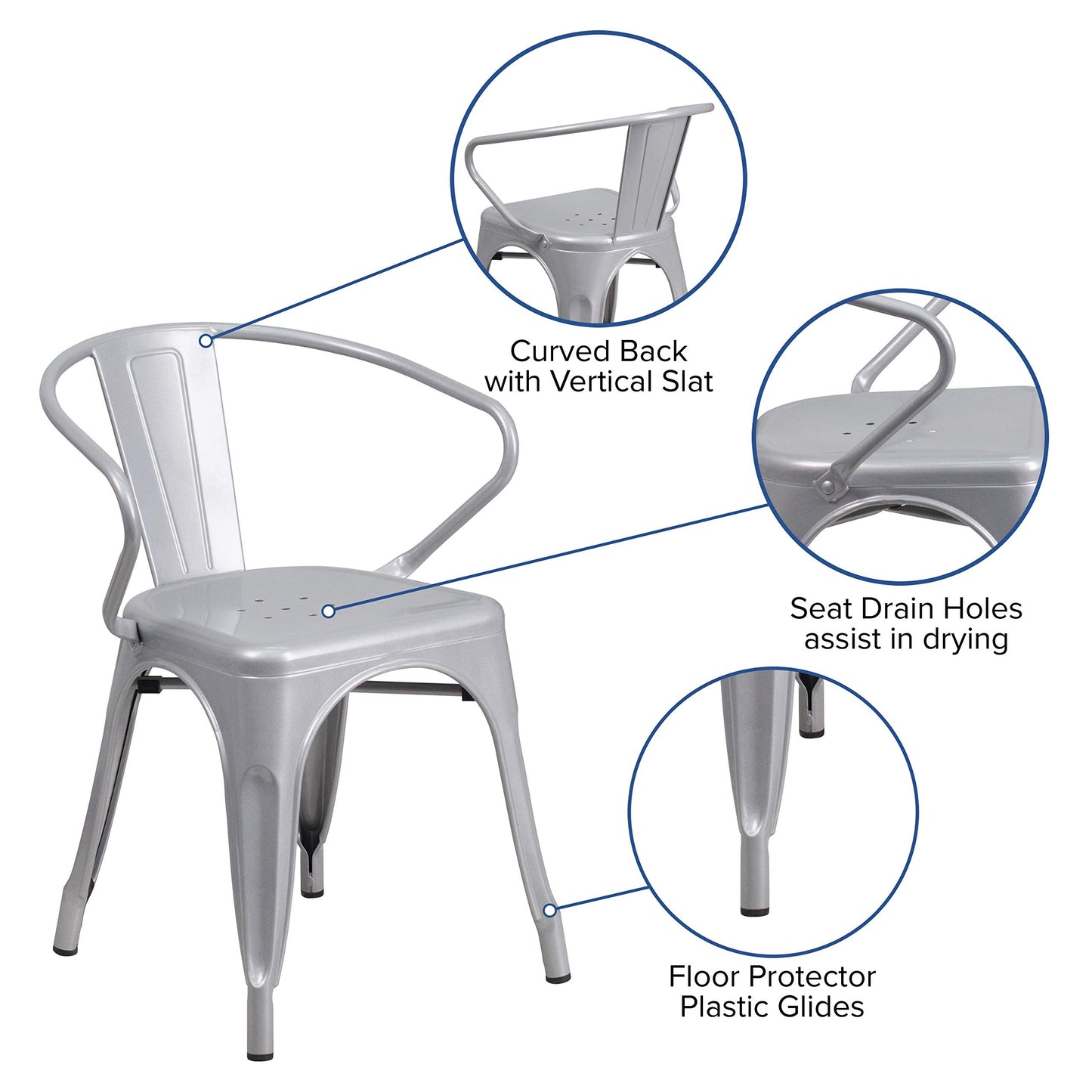 Flash Furniture Roy Commercial Grade 4 Pack Silver Metal Indoor-Outdoor Chair with Arms
