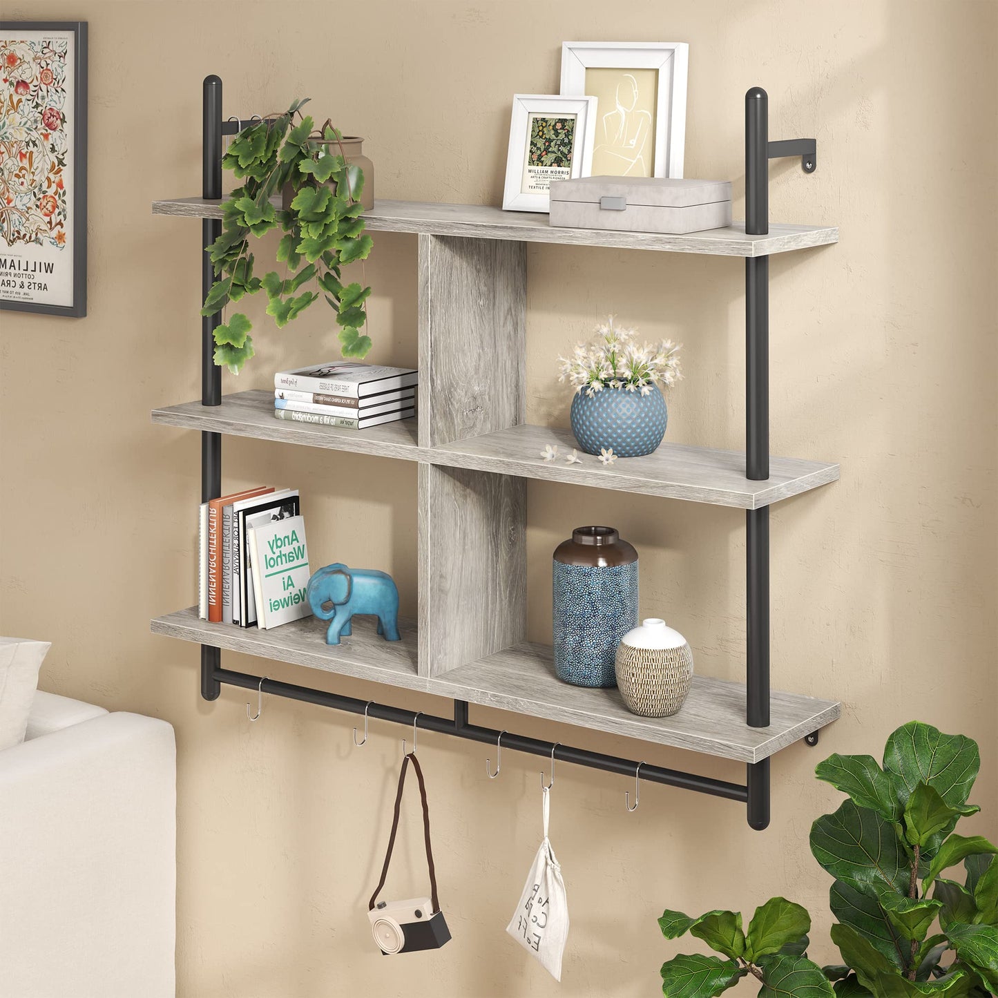 Bestier 3 Tier Floating Pipe Shelving 115CM Industrial Wall Mounted Ladder Shelf Hanging with Circular Tube with Hooks Wood Display Storage Home Decor