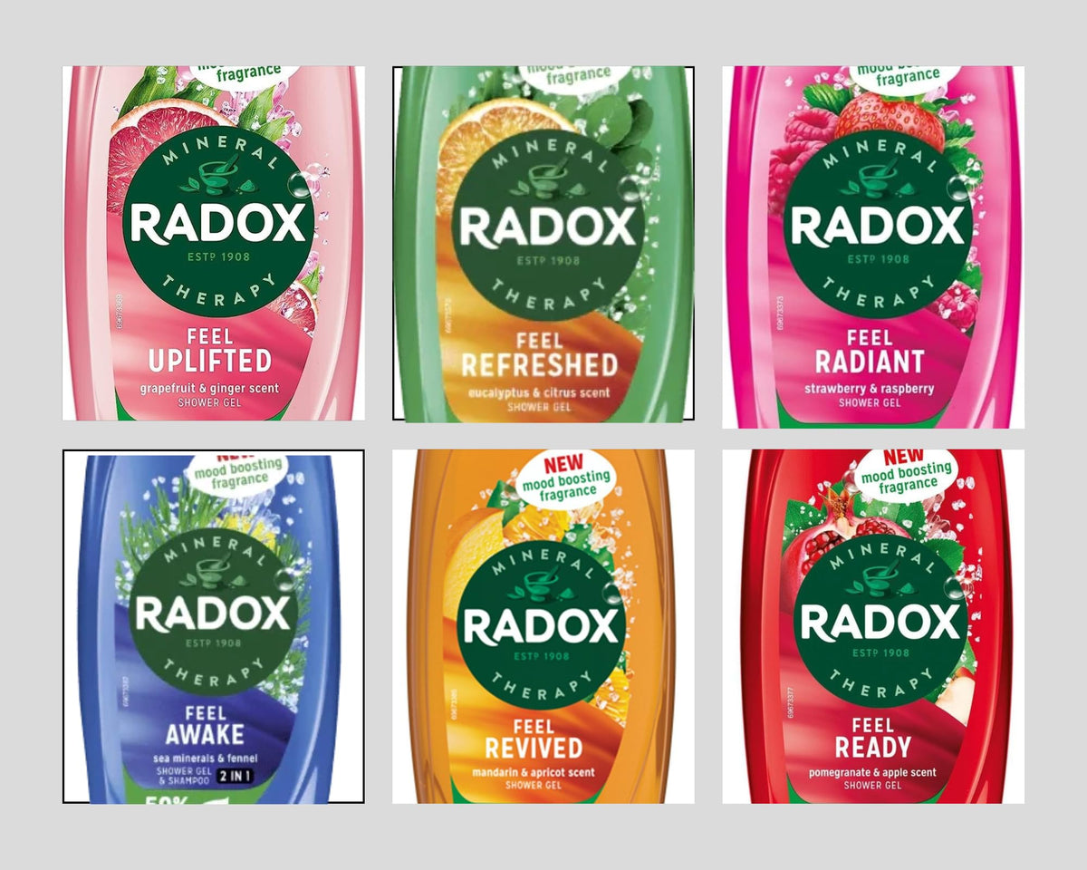Radox Shower Gel Bundle For Everyday Use | 1x250ml Uplifting | 1x250ml Feel Ready | 1x250ml Revive | 1x250ml Feel Detox | 1x250ml Feel Refreshed |
