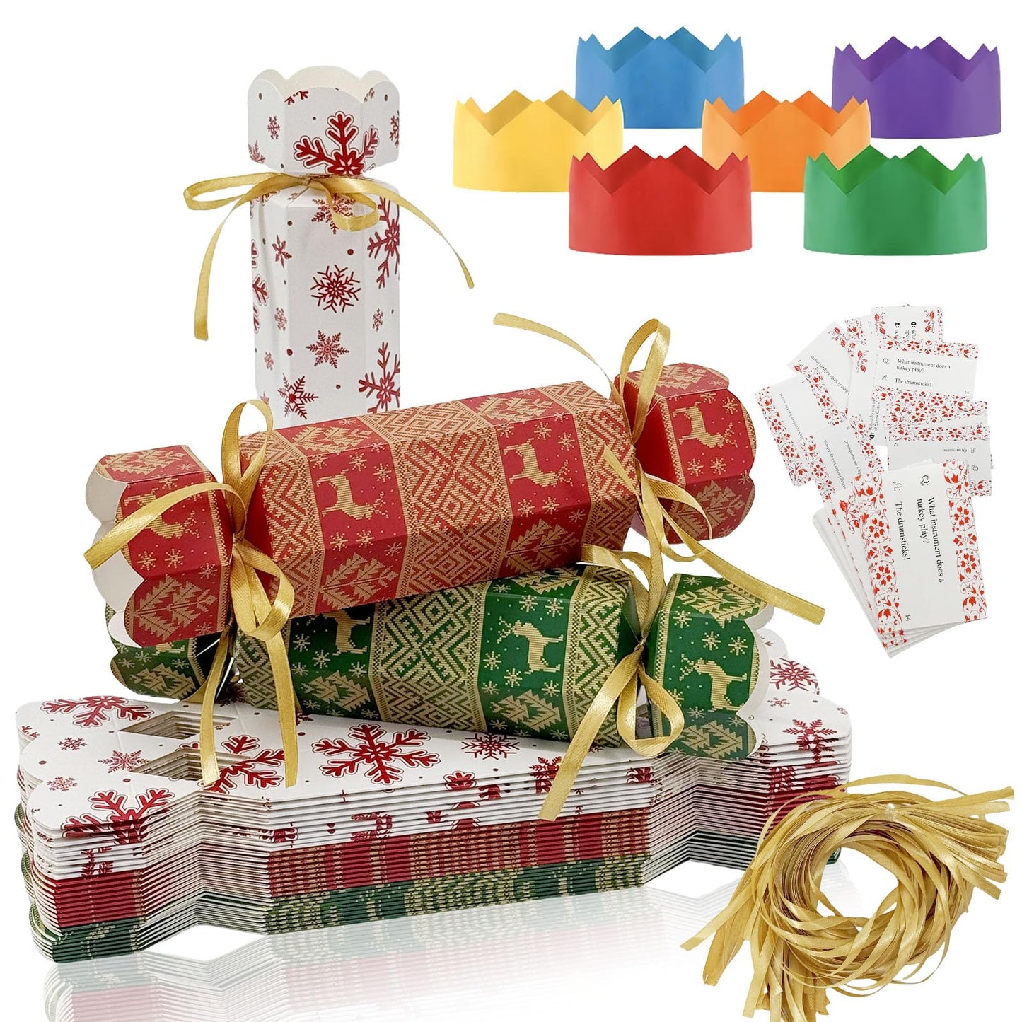 30 Sets Diy Christmas Crackers Bulk,Christmas Party Crackers,Make Your Own Xmas Cracker Kit,Xmas Luxury Cracker Candy Paper Boxes with Hats/Joke,Xmas