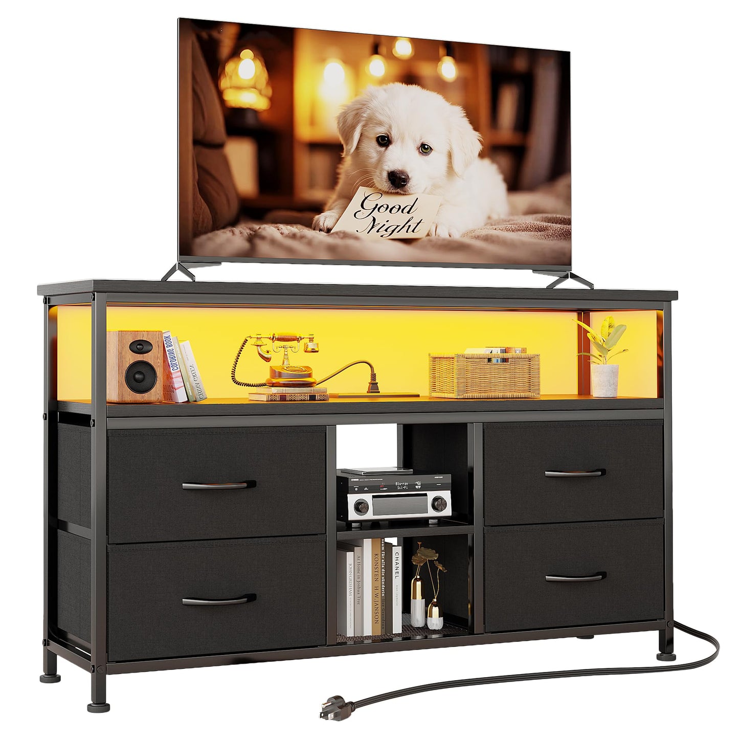 VERMESS 110cm TV Stand, TV Cabinet with Power Outlets & LED Light, 4 Fabric Drawers TV Unit for TVs Up to 55 inch