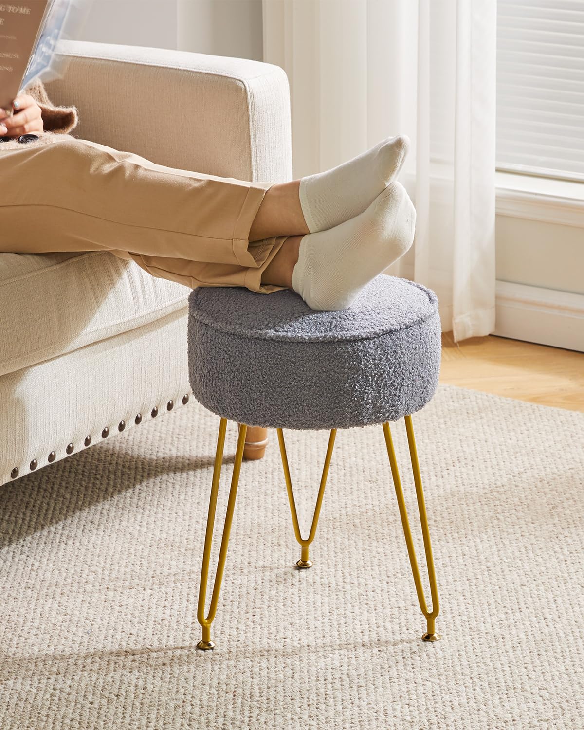 IBUYKE Makeup Vanity Stool Chair, Teddy Velvet Footrest, Gray WBD009G
