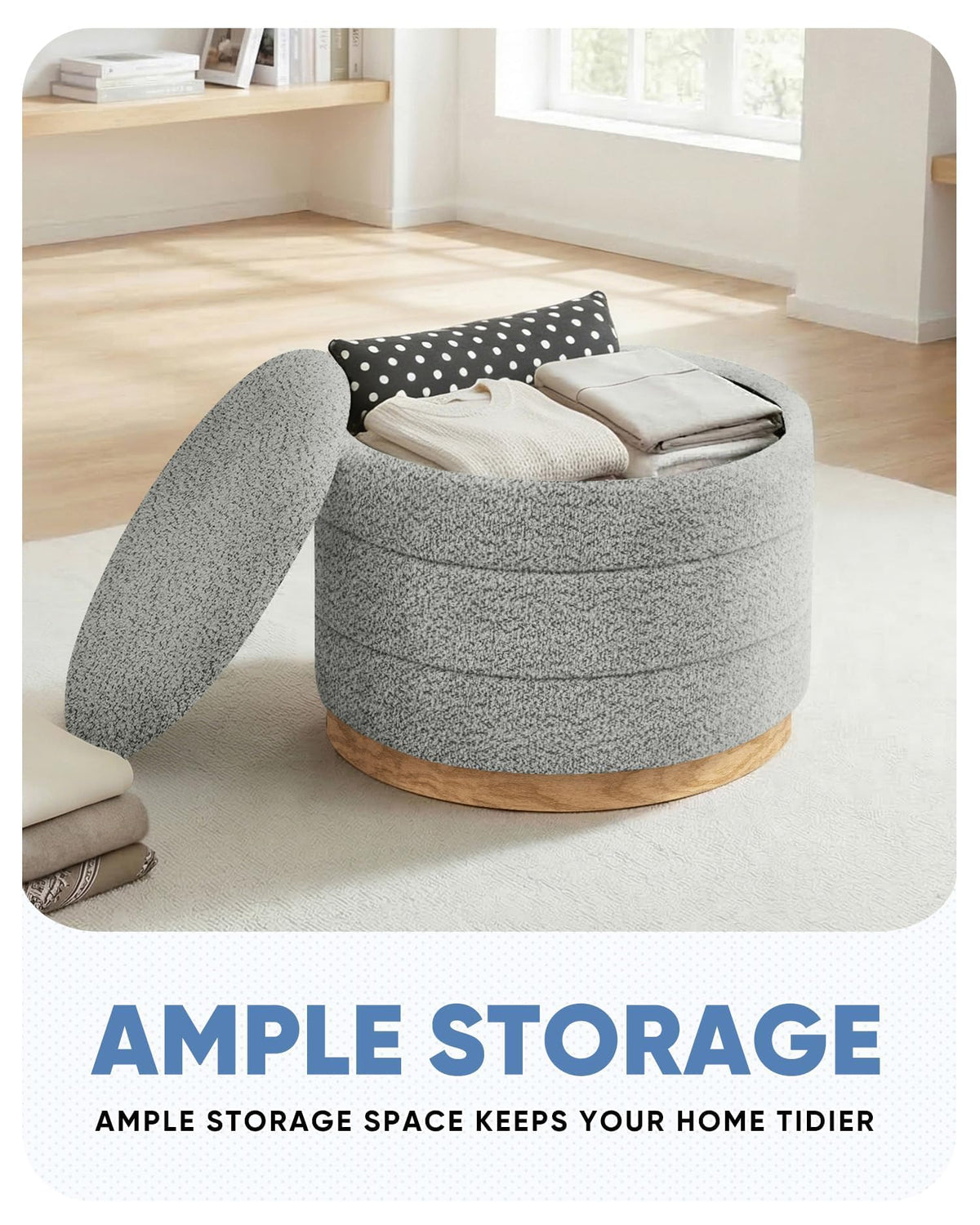 Bonlife Round Chenille Storage Ottoman, Folding Footstool with Table Top, 58x58x44cm, Load Capacity 150kg, for Living Room Bedroom Hallway