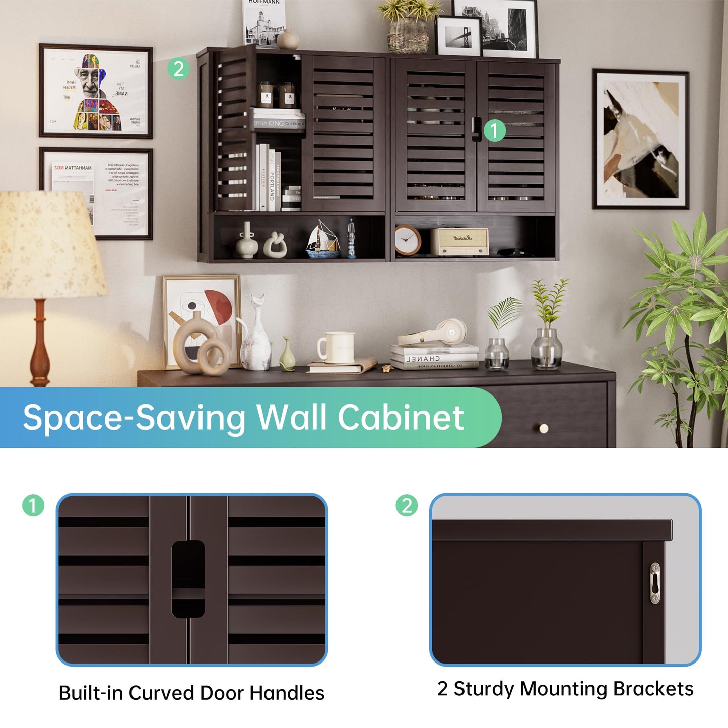 SMIBUY Bathroom Cabinet Wall Mounted, Bamboo Over-The-Toilet Storage Organizer, Space Saver Medicine Cabinet with 2 Door and Adjustable Shelves