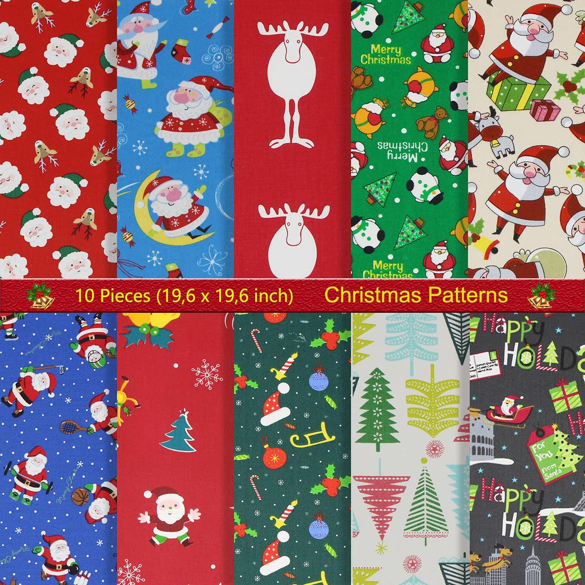 aufodara 10pcs Christmas Patchwork Fabric, 50x50cm Cotton Craft Christmas Fabric Bundles Scrapbook Decoration Quilting Sewing Quilting DIY Handmade