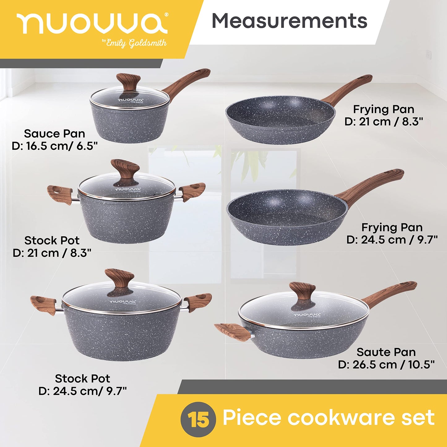 Non Stick Pots and Pans Set  Induction Hob Pots Set  15pcs Kitchen Cookware with Lids  Cooking Marble Saucepan Pots - by Nuovva