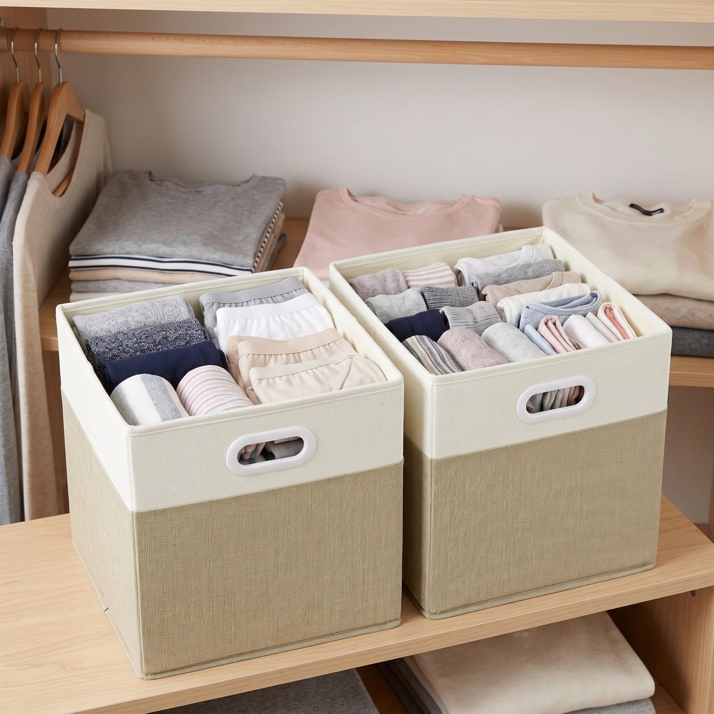 SOCOHOME Fabric Storage Boxes,25x25x25cm Storage Cube, Foldable Storage Baskets for Toys Nursery Closet(Light Khaki/Cream White, 3 Pack)