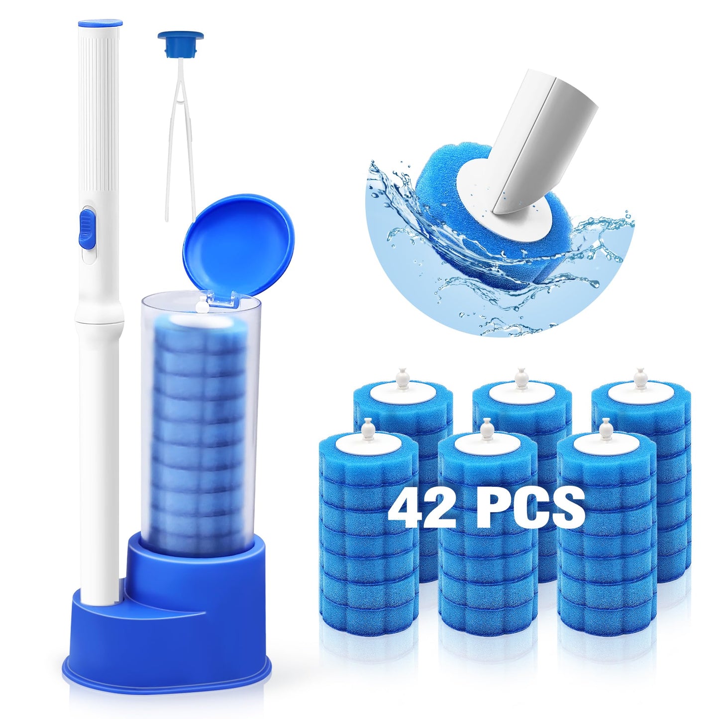 NEWE Disposable Toilet Brush with Tweezers, Toilet Bowl Wand Holder Set with 42PCS Cleaner Refills, Bathroom Cleaning System for Sink Bathtub Drain