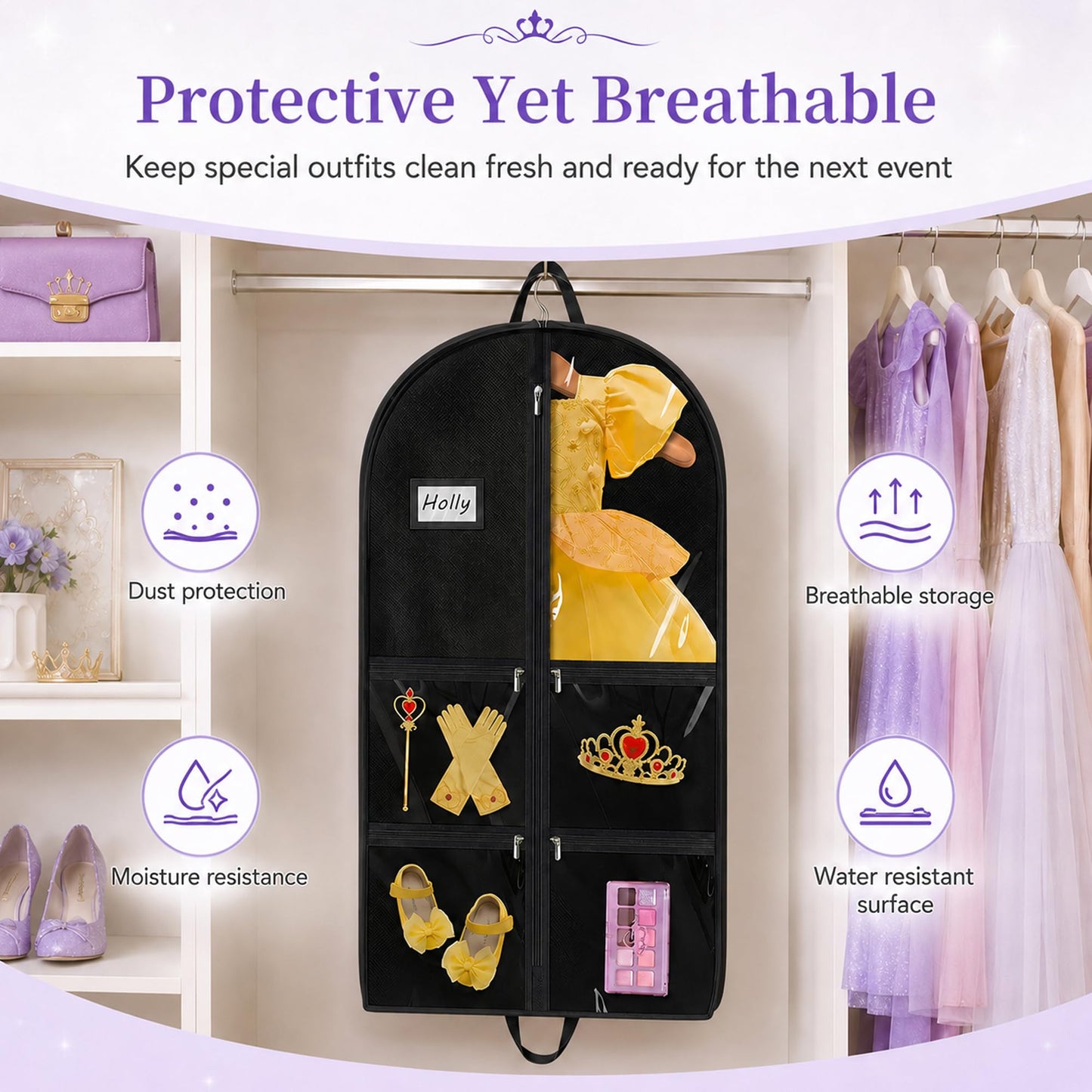 Garment Bags for Costumes & Suits – 2 Pack with 6 Clear Windows & 5 Zippers – Wrinkle-Free Storage for Dance, Travel & Sports Jerseys (Black)