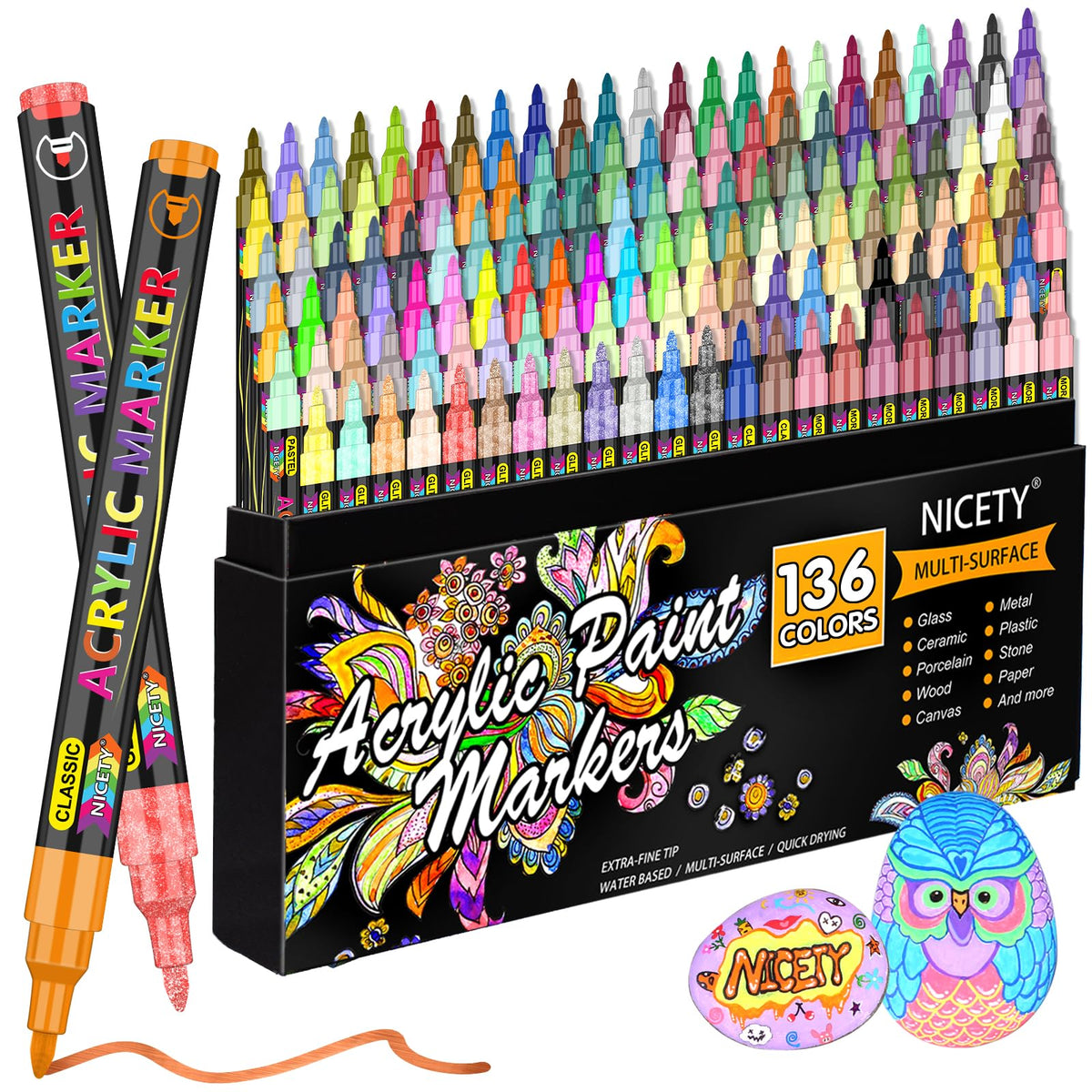 NICETY 136 Colours Acrylic Paint Pens Set - Paint Markers for Rock Painting Stone Glass Ceramic Wood Metal Fabric - 0.7mm Extra Fine Tip Water Based