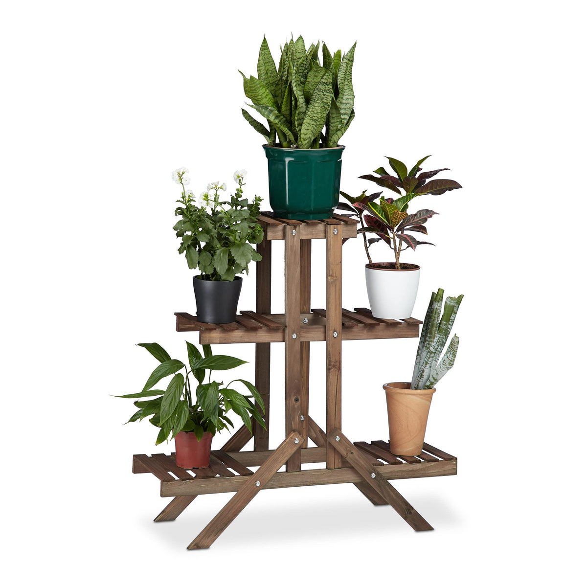 Relaxdays Flower Ladder Rack with 3 Tiers, Wooden, Flower Stand for Indoors, Multi-Tier, HxWxD: ca 82.5 x 83 x 28.5 cm, Dark Brown
