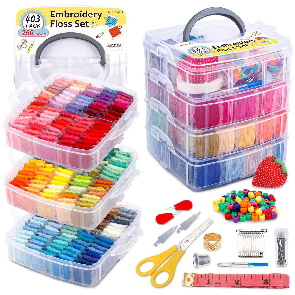 INSCRAFT 403 Pack EmbroideryThreads Kit for Adults, 250 Colours Embroidery Floss, Cross Stitch Kits for Beginners Craft Making, 153 Pcs Cross Stitch