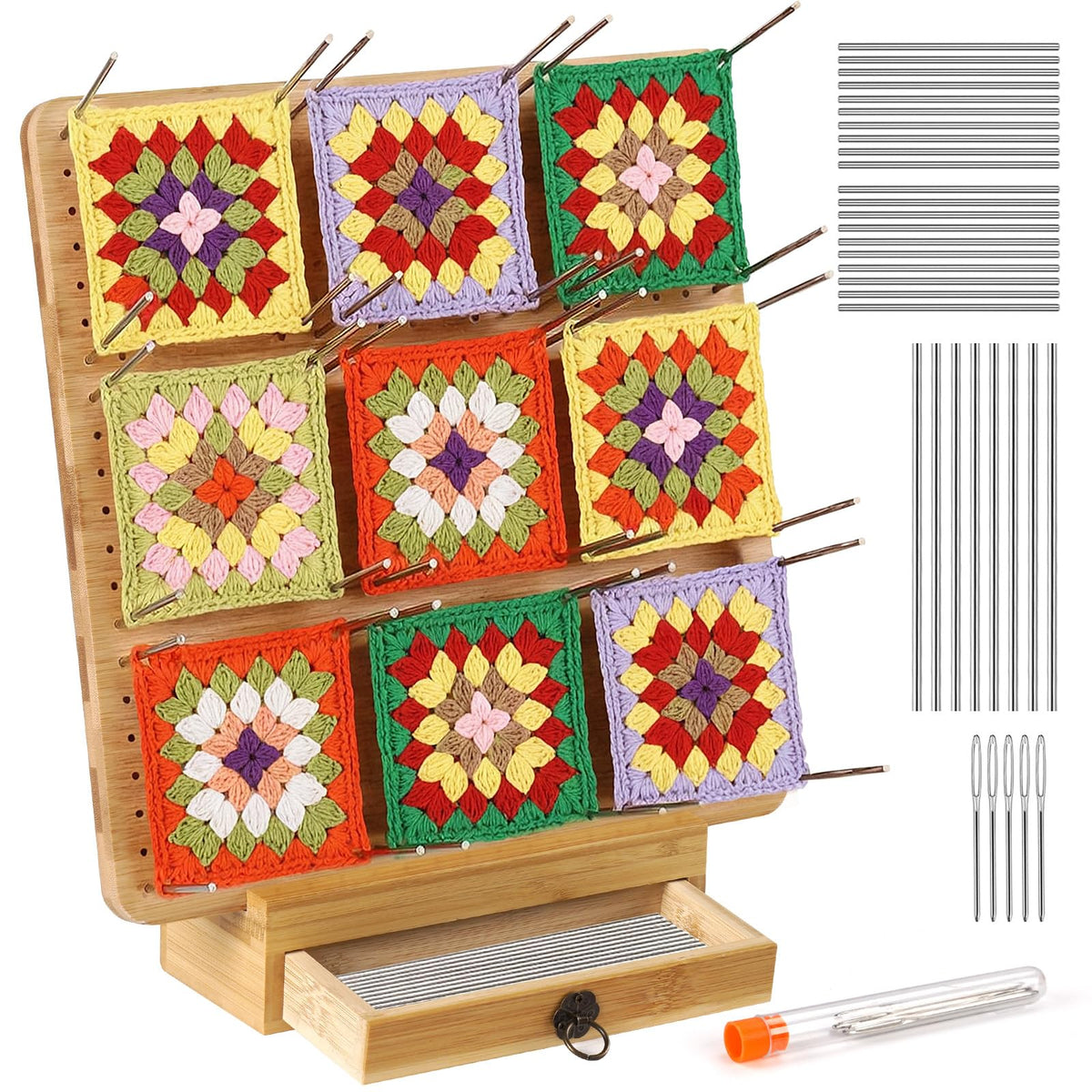 Crochet Blocking Board and Pins Large, Wooden Granny Square Blocking Board 11.4 inch with Drawers and 24 Pins, for Crochet and Knitting Projects,