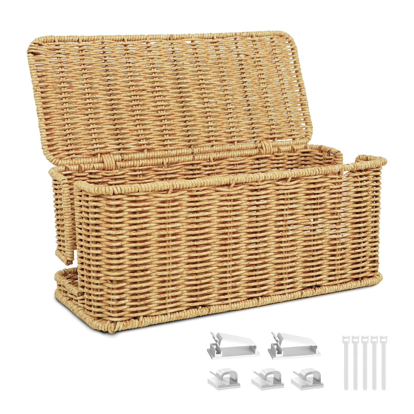 IXTRA Handmade Cable Management Box Imitation Rattan Cable Organizer Box With Lid 2 Open Slots Under Desk Cord Organizer to Hide Power Strips & Cords