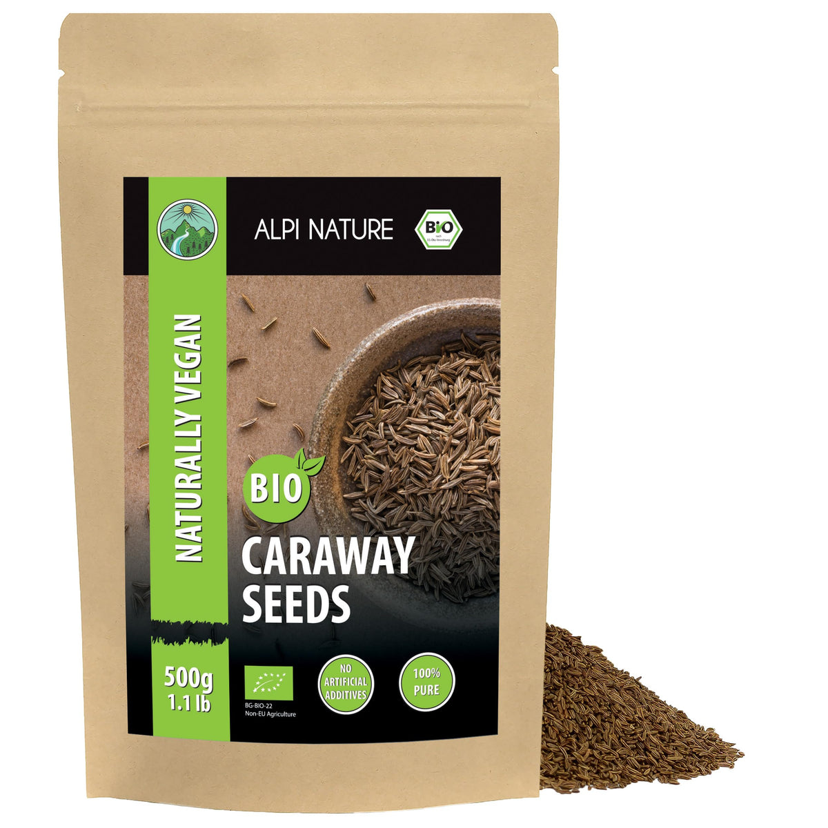 Alpi Nature Organic Caraway Seeds 500g 1.1 lb, Whole Caraway Seeds for Cooking and Baking