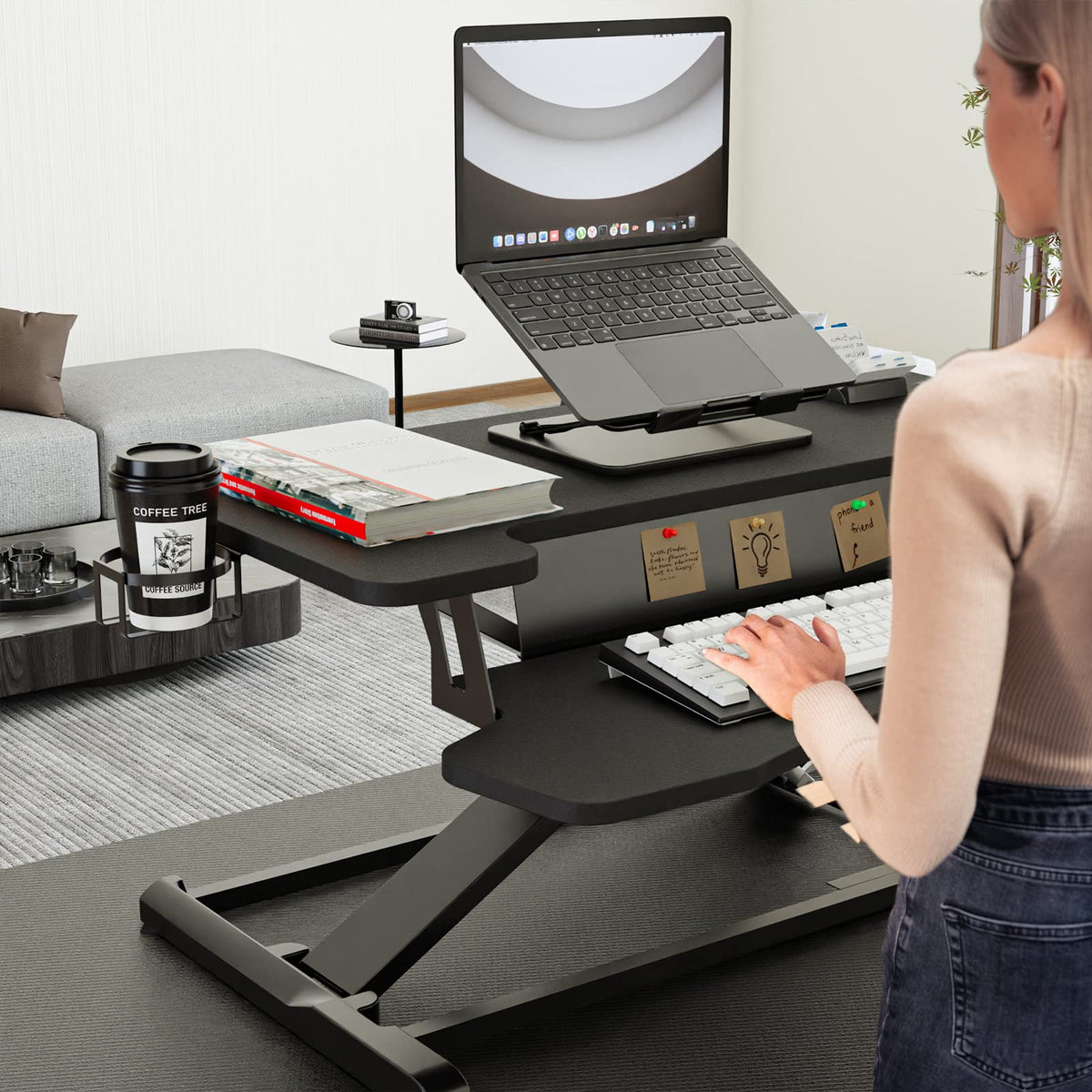 PUTORSEN Standing Desk Converter, 32'' Dual Tiered Sit-Stand Desk Riser with Keyboard Tray, Height Adjustable Computer Workstation with Cup Holder and