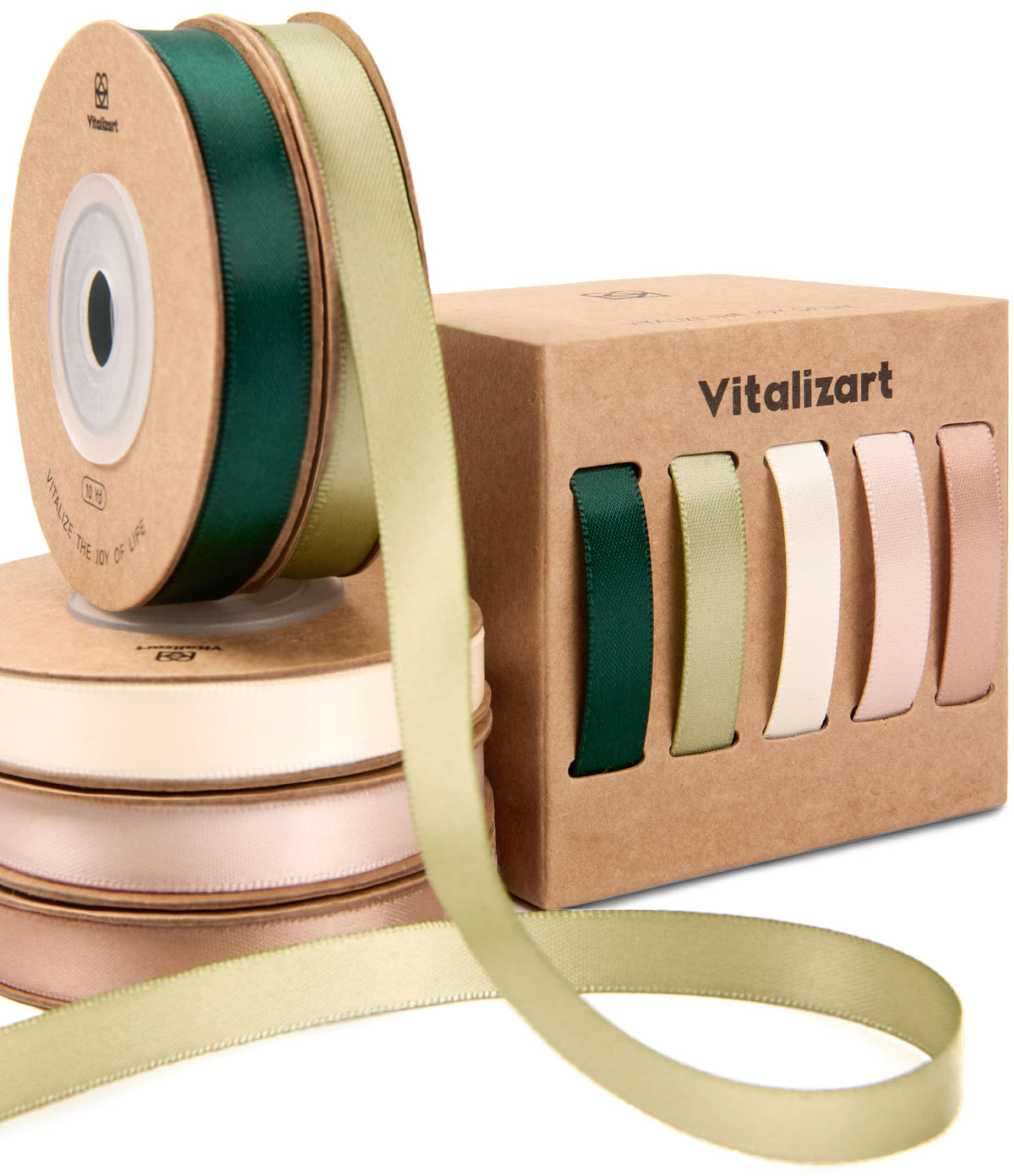 Vitalizart Green & Pink Series Satin Ribbon for Crafts 3/8'' x 50Yd (5 Rolls x 10Yd), Double Sided Fabric Ribbons Green & Pink for Gift Wrapping, Bows
