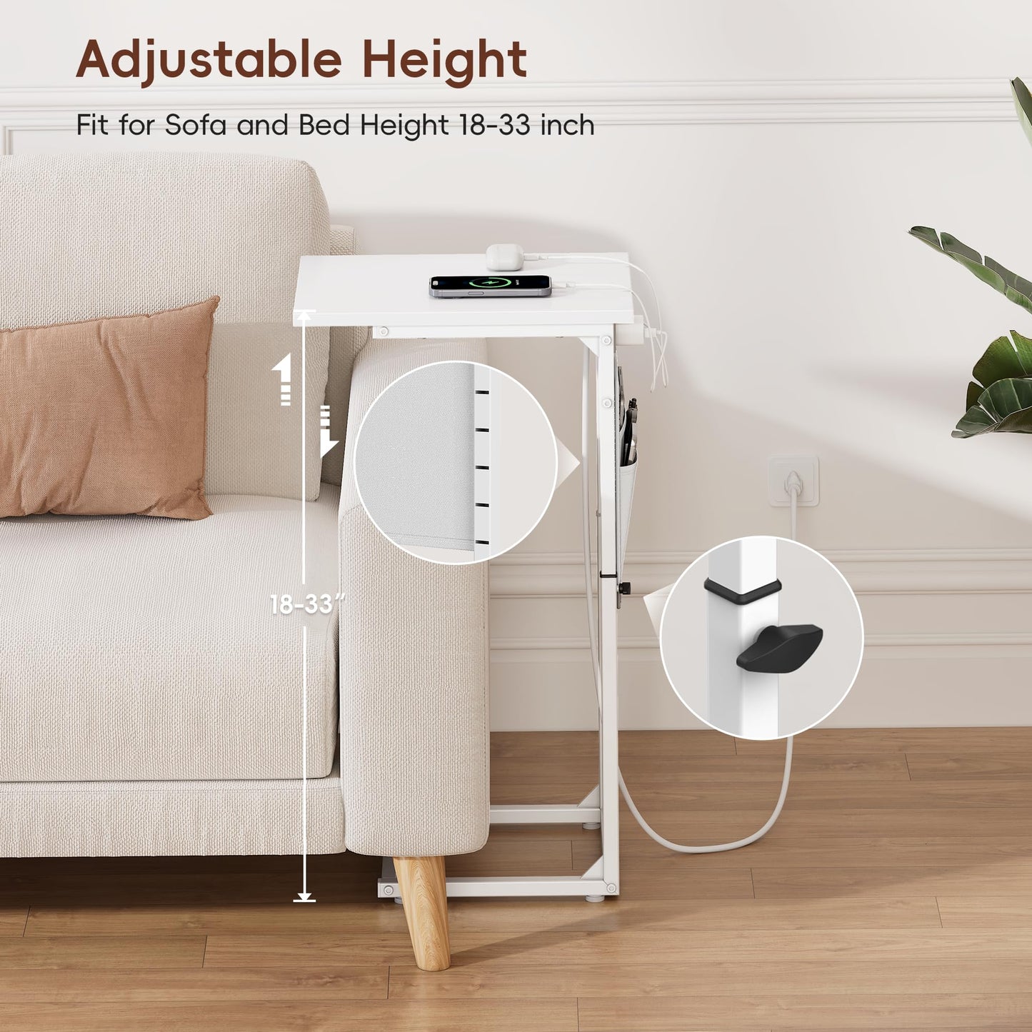 Vagusicc C-Shaped Side Table with Charging Station, Height Adjustable Sofa Side Table, Bedside Table, End Table for Small Spaces
