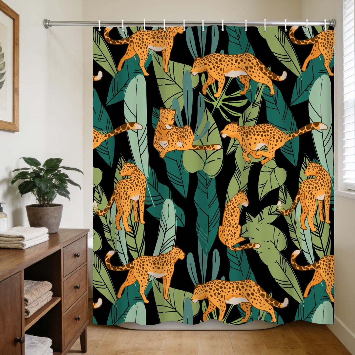 Jungle Leopard Shower Curtain with Hooks for Bathroom Waterproof 180x180cm