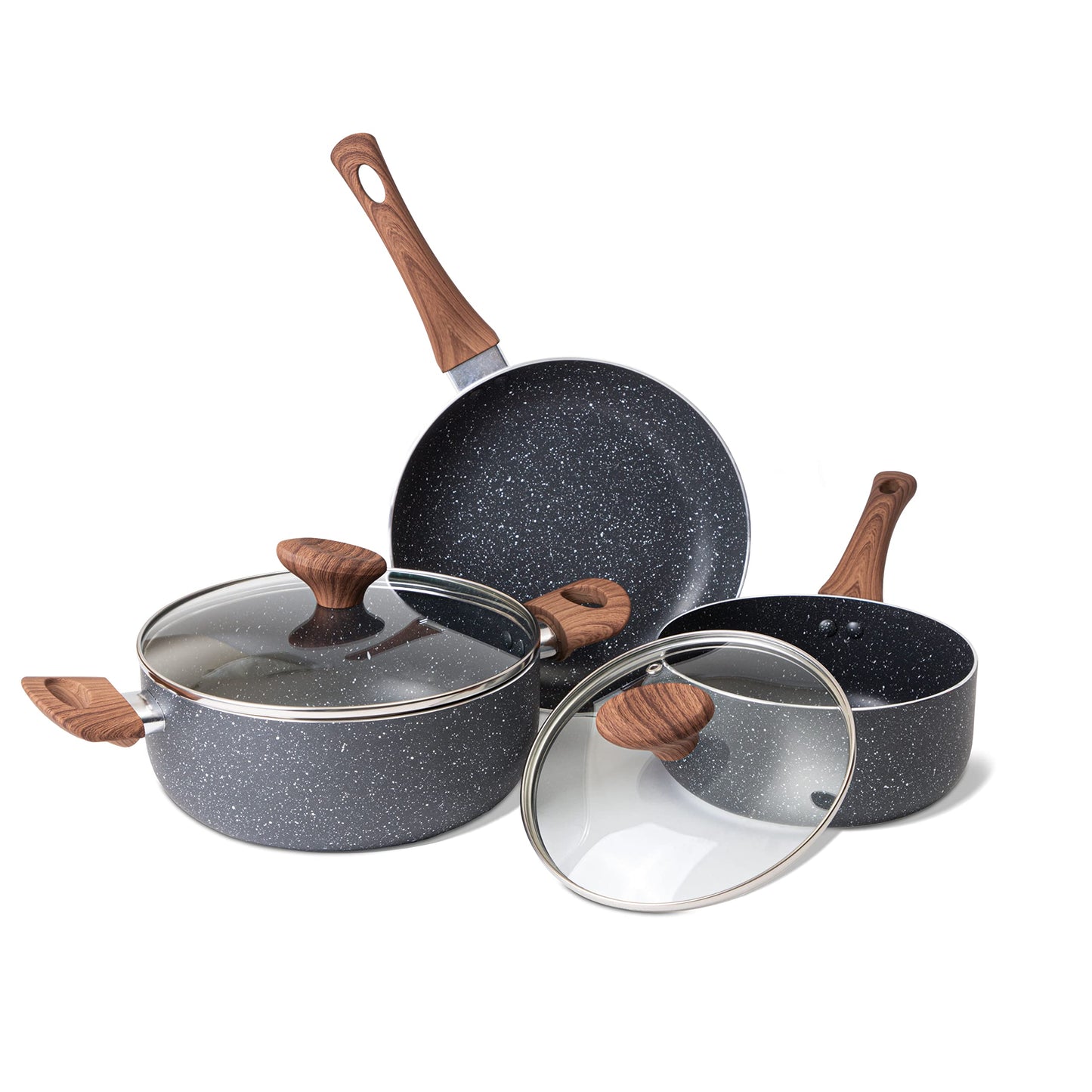 Non Stick Pots and Pans Set  Induction Hob Pots Set  5pcs Kitchen Cookware with Lids  Cooking Marble Saucepan Pots and Frying Pans  by Nuovva